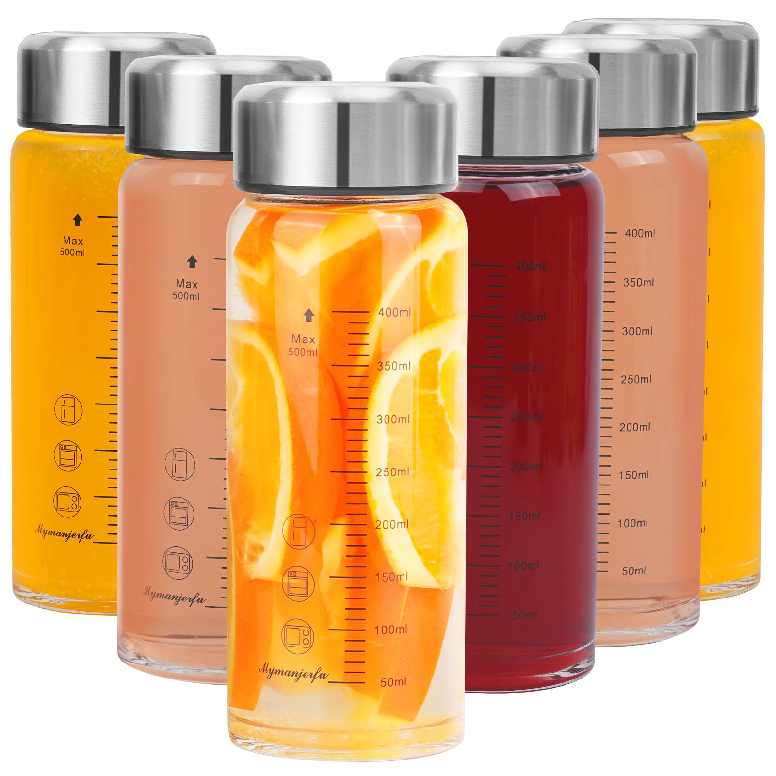 Lot de 6 bouteilles d'eau en verre de 473,6 g – Goulot large avec couvercles, pour jus, smoothies, lait, protéines, BPA, réutilisables, couvercles en acier inoxydable, anti-fuite, shaker (500 ml)