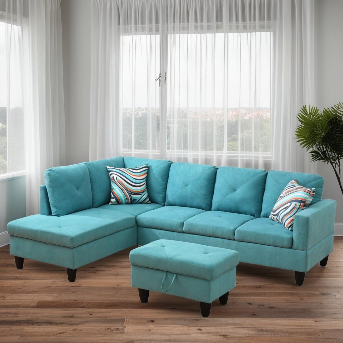 l shaped couches for living room, sectional couch living room furniture with storage ottoman, modular sectional sofa with movable chaise for apartment office, aqua blue