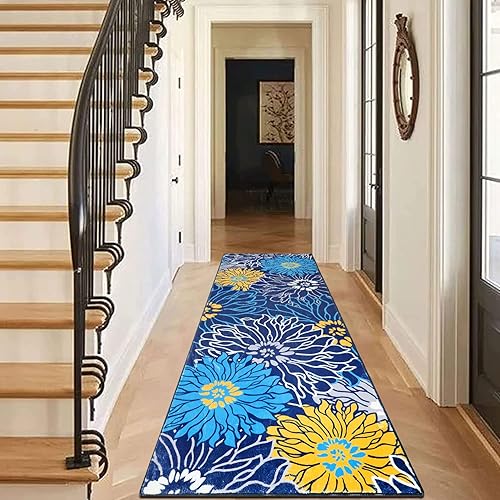 Miniatura 3 de Homcomoda Alfombras florales con respaldo de goma 2 x 6 pulgadas antideslizantes color azul alfombra lavable de lana sintética para pasillo