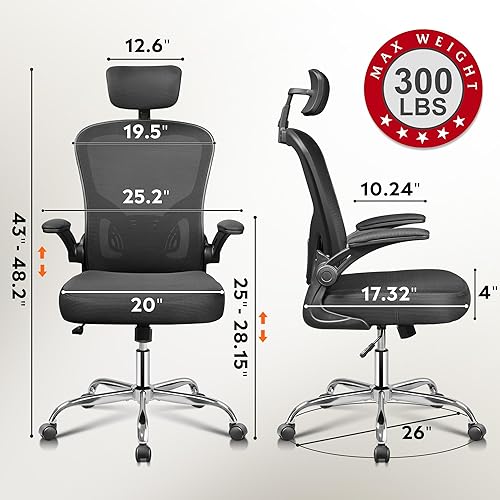 Miniatura 2 de DEVAISE Silla de oficina ergonómica de malla con respaldo alto y reposabrazos abatibles, reposacabezas ajustable y soporte lumbar, color negro