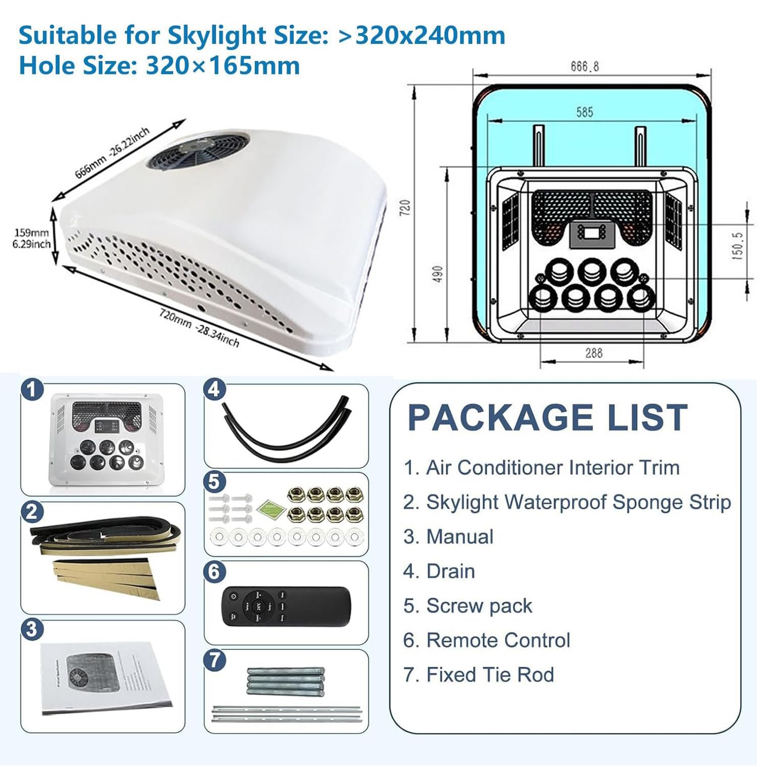 DC Aire Acondicionado para Caravanas Coche DC 12V/24V/48V/120V/220V Aire Acondicionado Techo Camion,Función Fría Y Caliente,para Vehículos Recreativos,Campistas,etc 12V