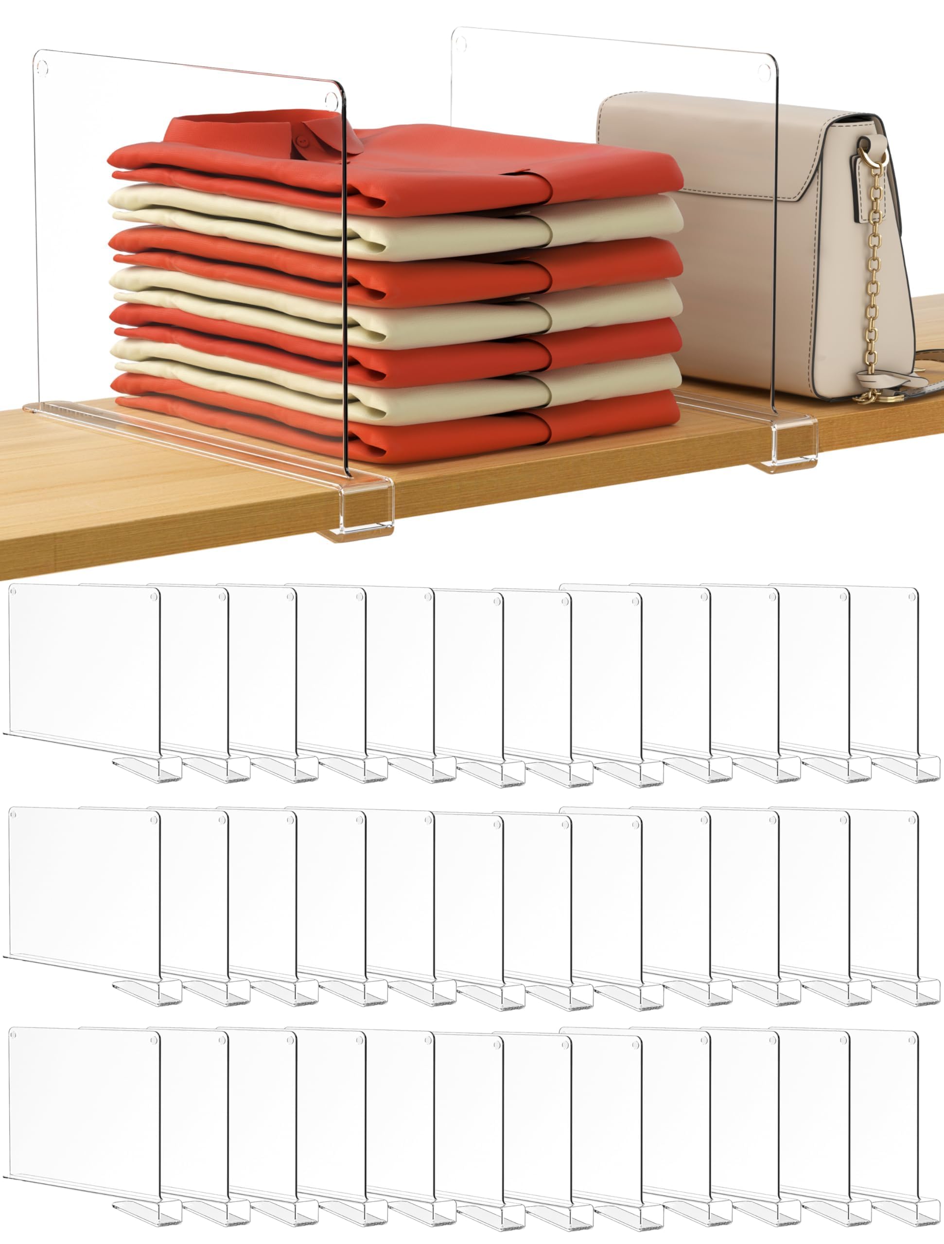 HBlife 36 Pack Clear Shelf Dividers, Vertical Purse Organizer for Closet Perfect for Sweater, Shirts, Handbags in Bedroom and Kitchen, Adjustable Acrylic Bookshelf for Organization