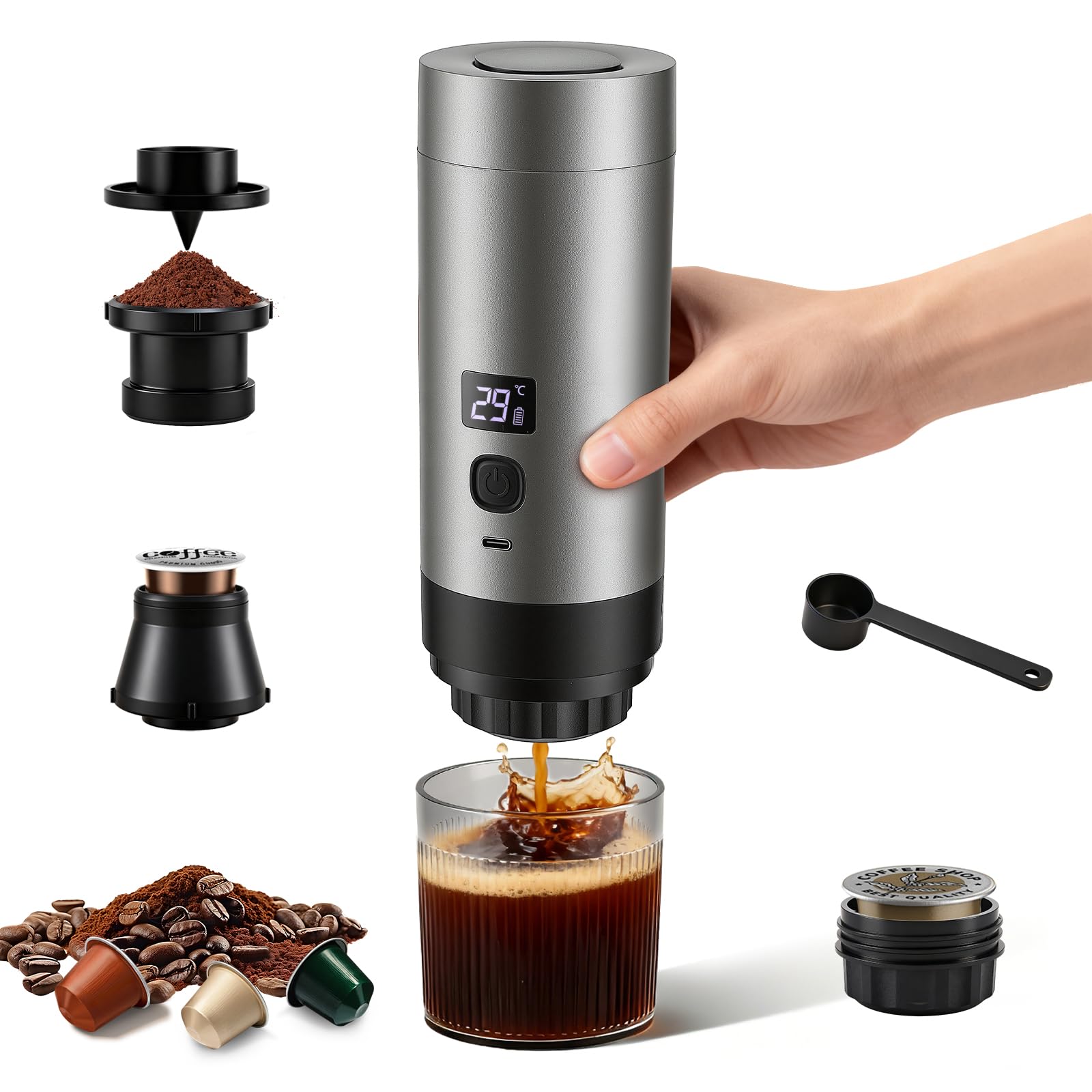 Máquina de café expreso 3 en 1 portátil con batería, 20 bar, extracción fría/caliente, compatible con cápsulas y café molido, 7800 mAh USB-C, mini cafetera para camping, coche, oficina y viajes - 2
