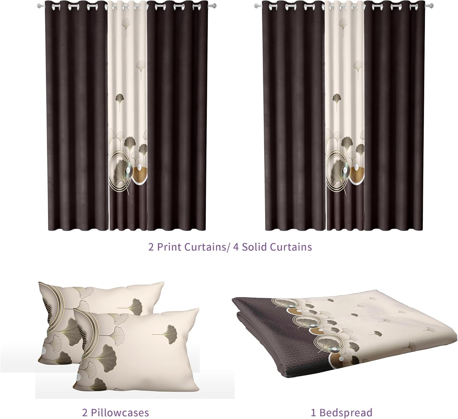 Deepsleep 9-piece Bedding Set Queen Size Ginkgo Leaf Matching Curtains, with 1 Bedspread and 2 Pillowcases and 6 Curtains, is Machine Washable—Making, the Gift for Weddings or Holidays