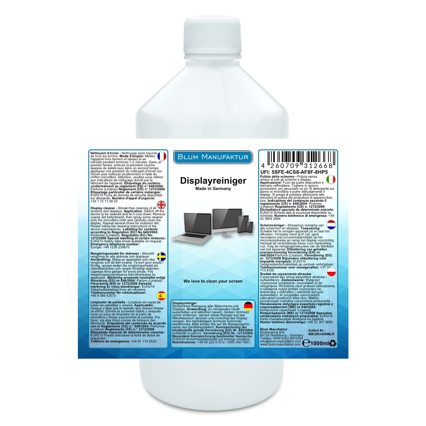 Blum - 1000 ml de nettoyant pour écran - Recharge + chiffon microfibre 30 x 30 cm - Nettoyage sans traces de tous les écrans et écrans