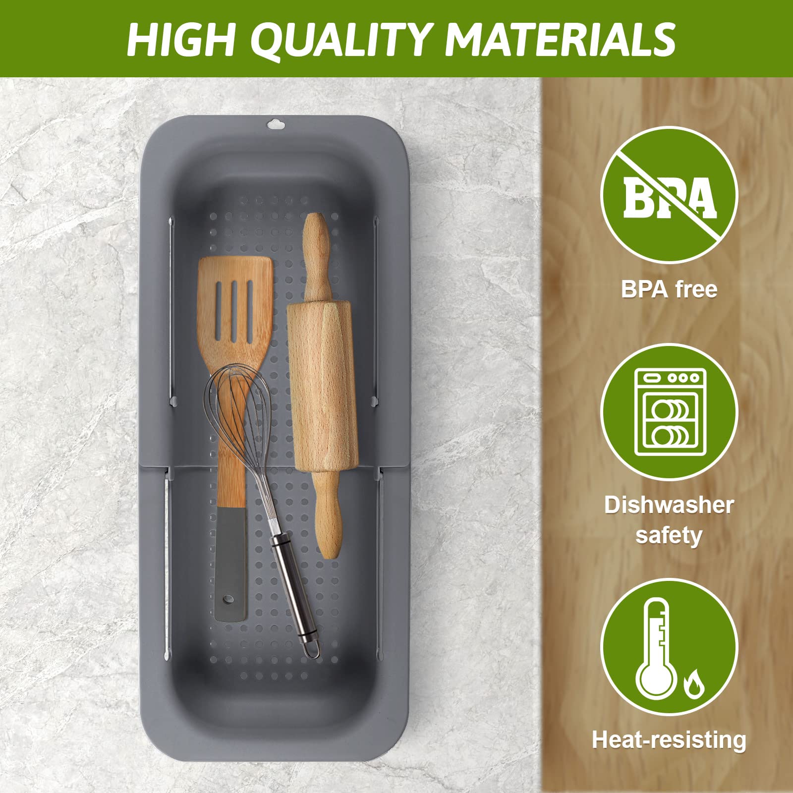 MumdoYAL Colador de Fregadero expandible - Material PP Apto para Alimentos - Orificios de Drenaje eficientes - Soporte de Secado rápido para vajilla - Fácil de Limpiar y Duradero. (Gris Oscuro)