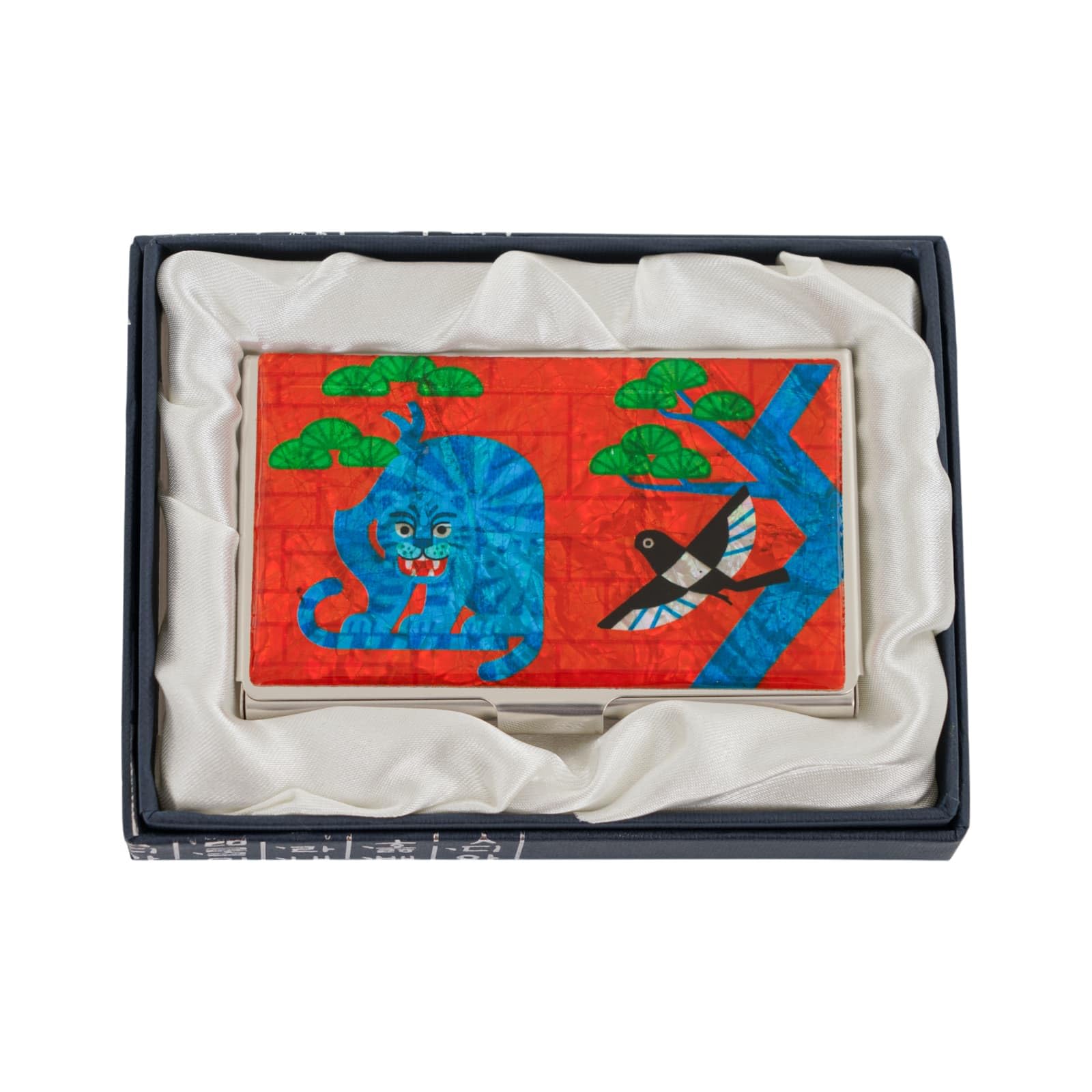 February Mountain Mother of Pearl Business Card Case - Korea Traditional Gifts, Slim Metal Holder for Business &amp; Credit Cards, Pocket-Sized Purse Wallet (Blue Tiger)