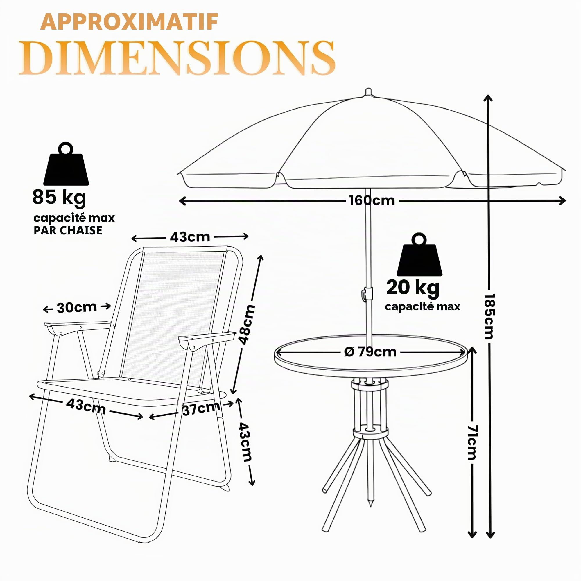 Garden Mile Ensemble de salle à manger de jardin rond 4 places avec parasol, 4 chaises pliantes et table ronde en verre trempé pour jardin, patio ou véranda (noir)