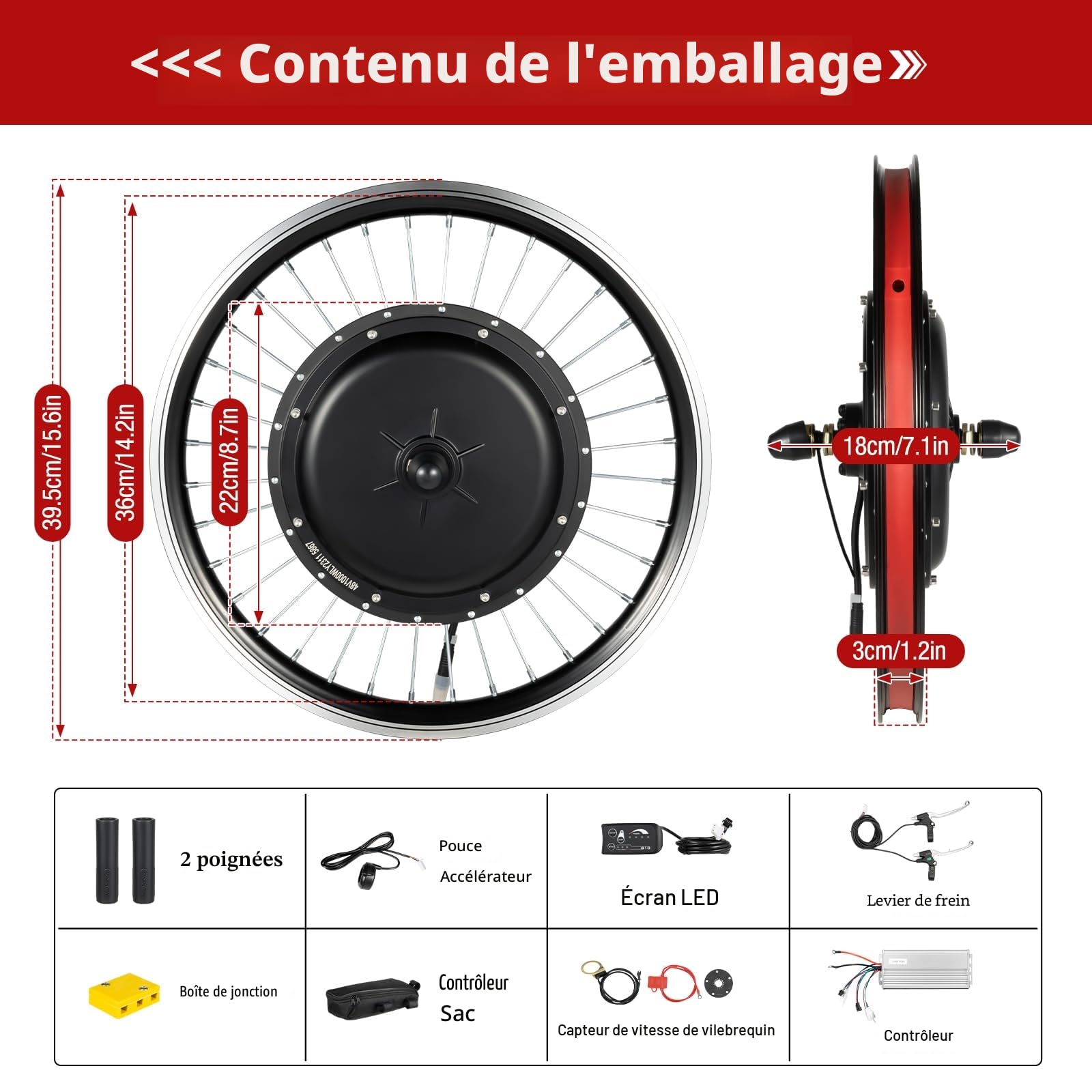 Kit de conversion pour roue avant de vélo électrique 20" 48V 1000 W SanBouSi - Moteur électrique de moyeu de vélo avec affichage LED, frein V/frein à disque, contrôleur sans balais - Kit de conversion