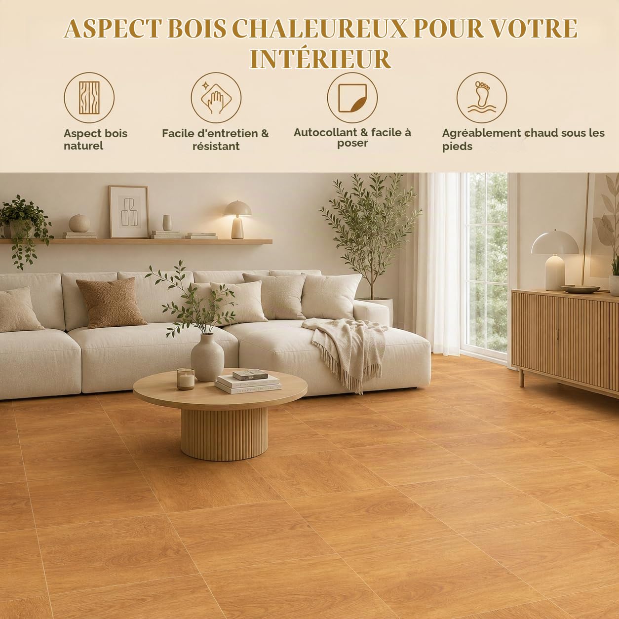 CYEER Lot de 40 Dalles PVC Adhésives Sol 30x30cm, Sol Vinyle Autocollant Effet Chêne Naturel, Revêtement de Sol Imperméable pour Cuisine, Salle de Bain et Salon, Rénovation DIY (3,6 m²)