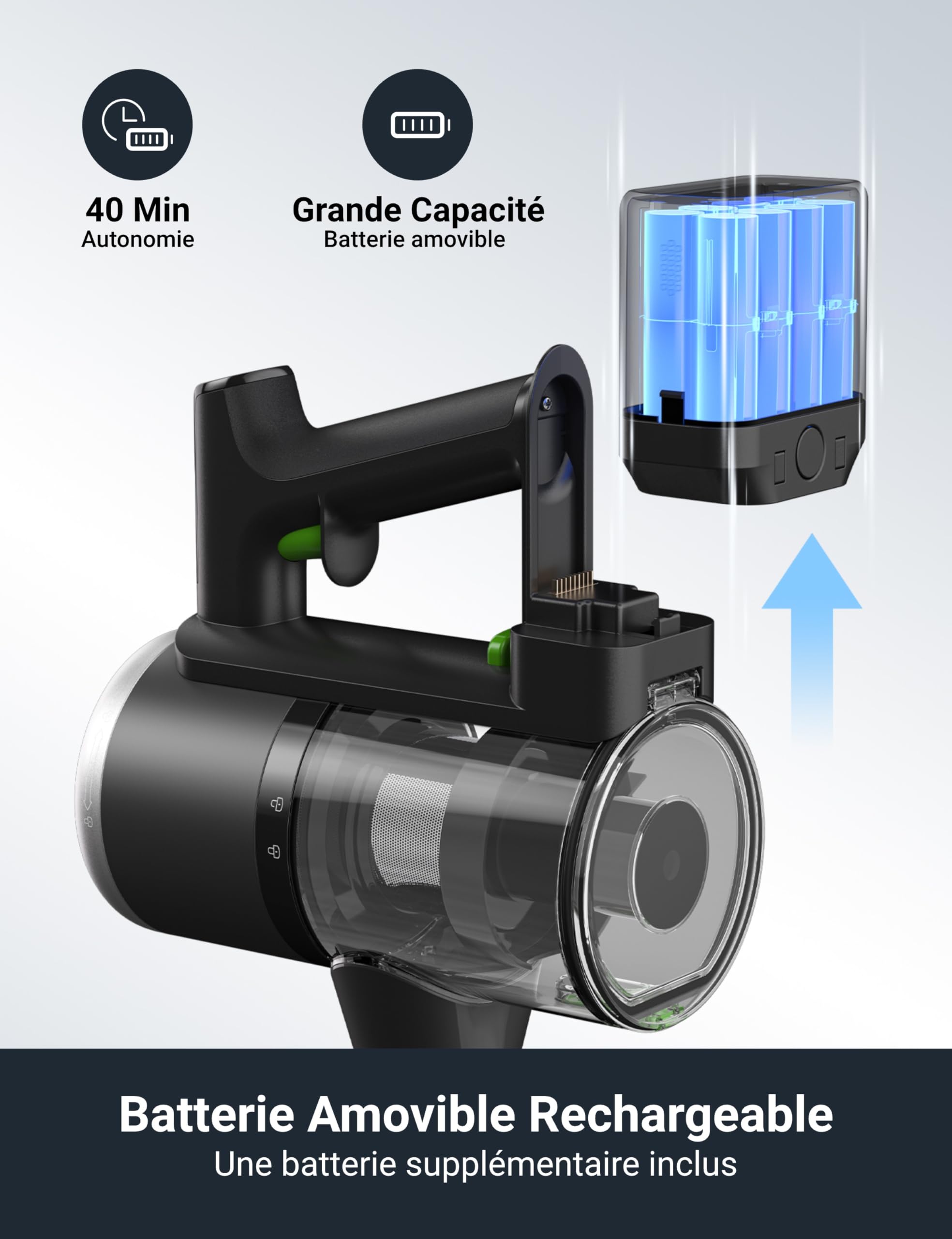 Eureka NEC370 Aspirapolvere Senza Fili, Scopa Elettrica Senza Fili 3 in 1 90AW Aspirazione, 2 Batterie Rimovibili 40x2 Autonomia Minima per Pavimenti duri, Tappeti e Peli di Animali Domestici