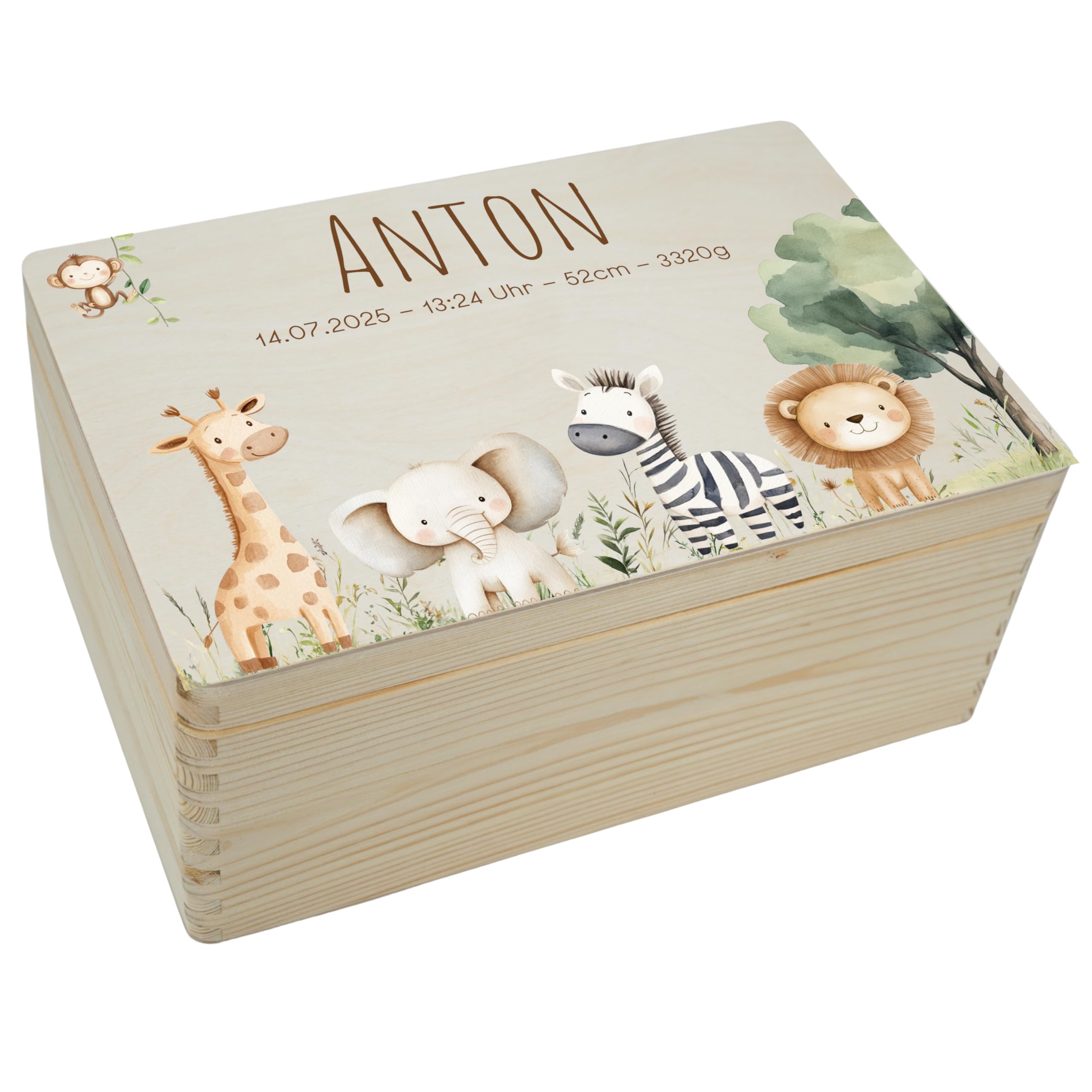 Personalisierte Erinnerungsbox Baby Personalisiert | Holzkiste mit Name, Geschenkidee zur Geburt, Geburtstag und Taufe (Safari, Groß | 40 x 30 x 22 cm)