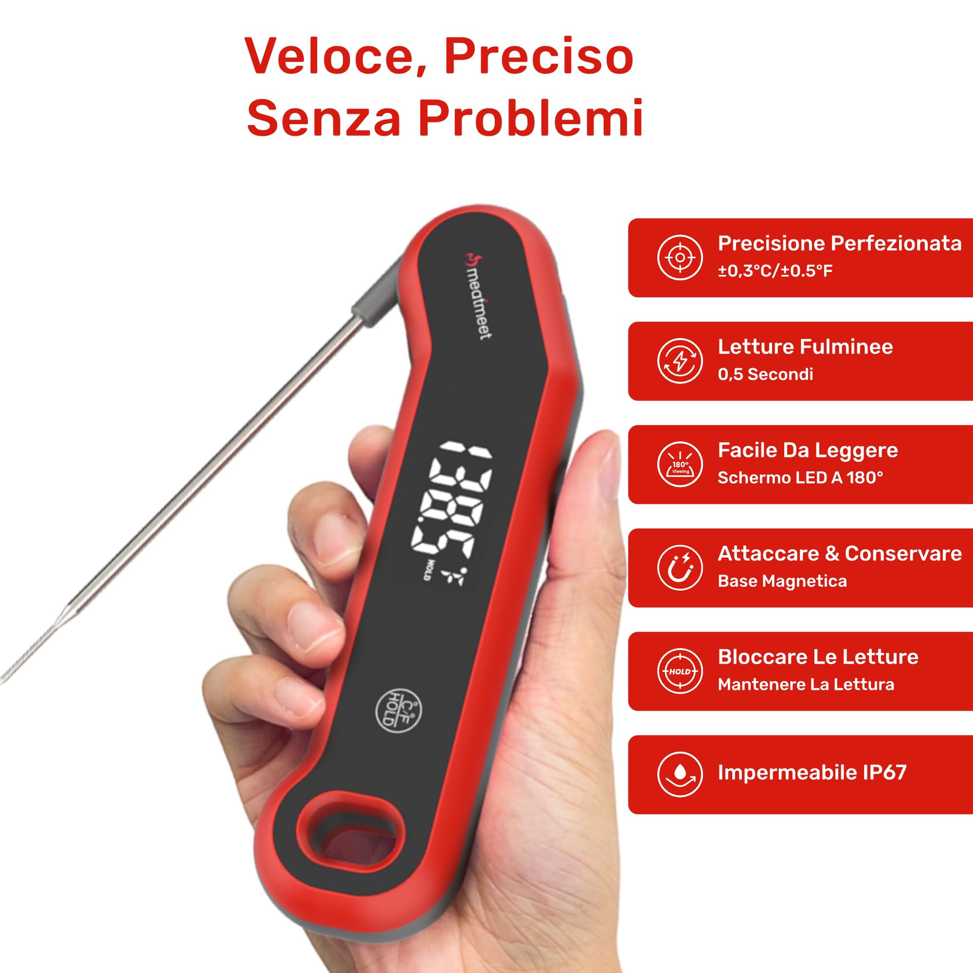 Termometro da Cucina Digitale IP67 Lettura Ultra-Rapida 0.5 Secondi Precisione ±0,3°C Display LED Girevole Automatico