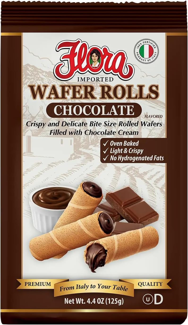Flora Wafer Rolls Chocolate – Light & Crispy Rolled Wafers with Chocolate Cream – Italian Oven Baked Snack – 4.4 oz (125g)
