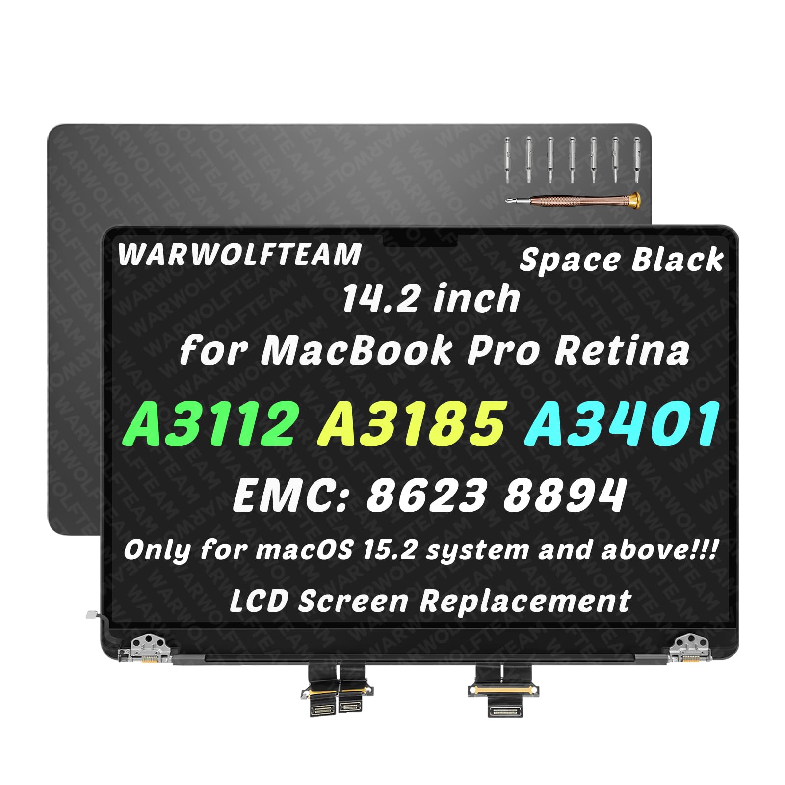 Photo 1 of WARWOLFTEAM 14inch Compatible with MacBook Pro A3112 M4 2024 A3185 M4 2024 A3401 M4 Pro/Max 2024 EMC 8623 EMC 8894 3024 x 1964 LCD LED Screen Replacement Whole Hinge-up Assembly (Space Black)