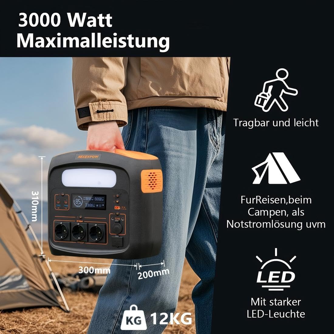Solargenerator mit 200W Solarpanel, Tragbare Powerstation 1024Wh, 1800W, AC Steckdosen, PD100W, LiFePO4 Akku, für Camping, Wohnmobil, Stromausfälle, Outdoor