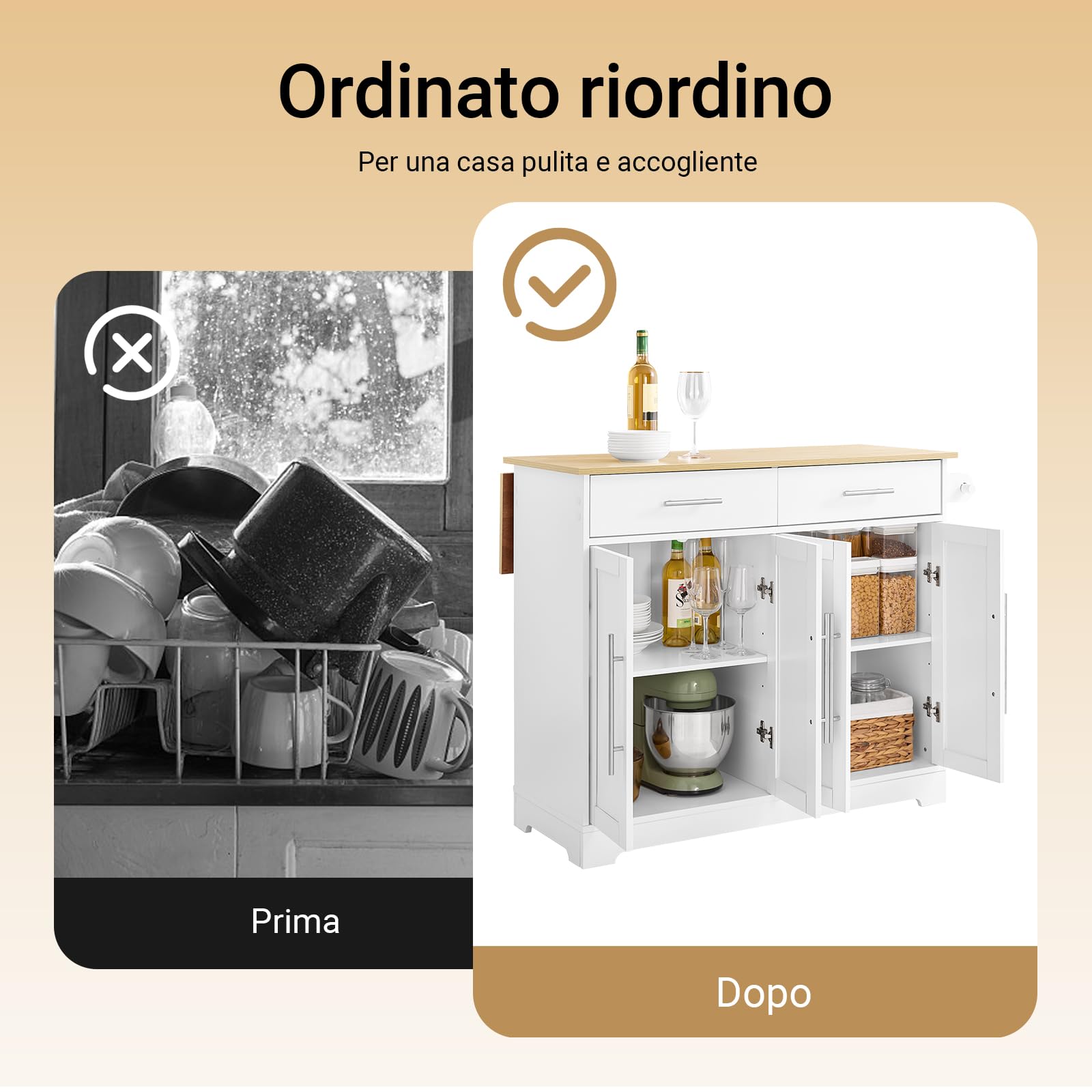 SoBuy Isola Cucina con Ruote, Tavolo Estensibile in Legno, Mobile Cucina con 2 Cassetti, Penisola Cucina Salvaspazio, Credenza Multifunzione per Piccole Cucine Bianco 113 x (44–69) x 91 cm FKW129-WN