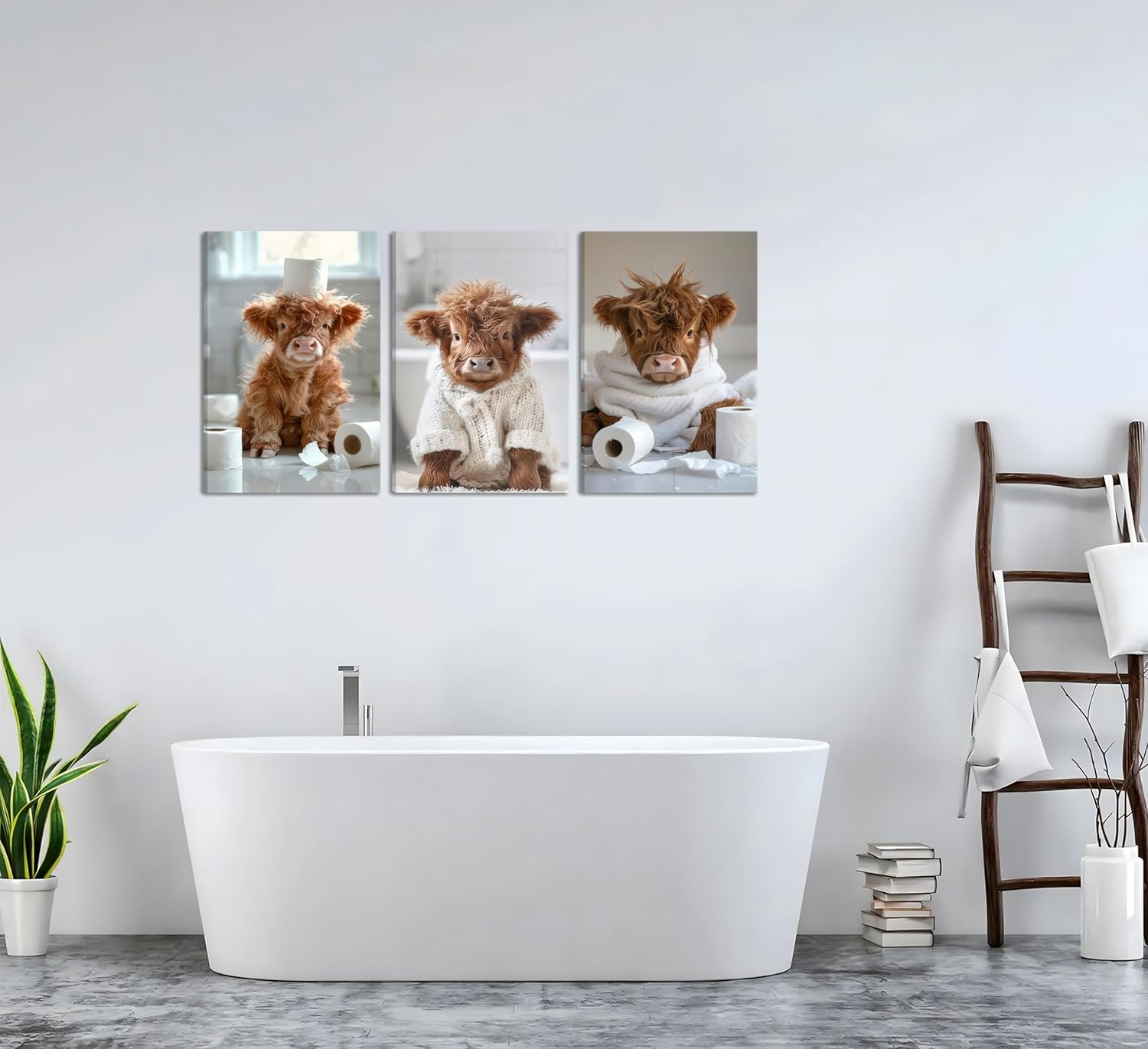 3Pcs Funny Highland Cow Bathroom Canvas Wall Art Brown Cute Animal Picture Wall Decor Cow Baby Rustic Farmhouse Poster Print Artwork for Children's Room Nursery Bathroom Restroom Home Decoration