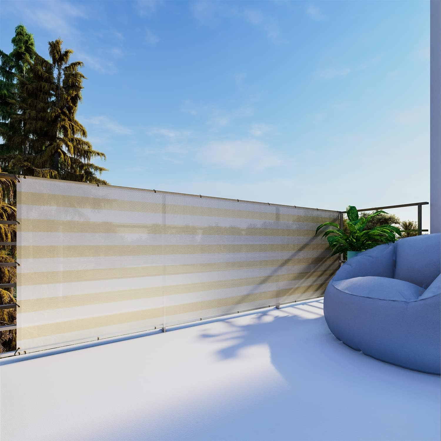 Balcony Privacy Fence Screen 3' x 98' Mesh Windscreen Fencing Shield Cover Included Cable Ties for Deck Apartment Porch Backyard Patio Outdoor, Beige White Strip