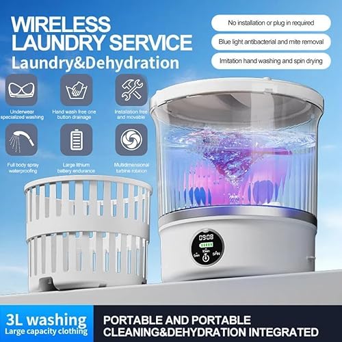 Miniatura 2 de Portable Washing Machine with 16000 RPM Spin Dry & Drain Hose, 3L Mini Washer with Blue Light Cleaning, Rechargeable Underwear Washer for Socks, LED