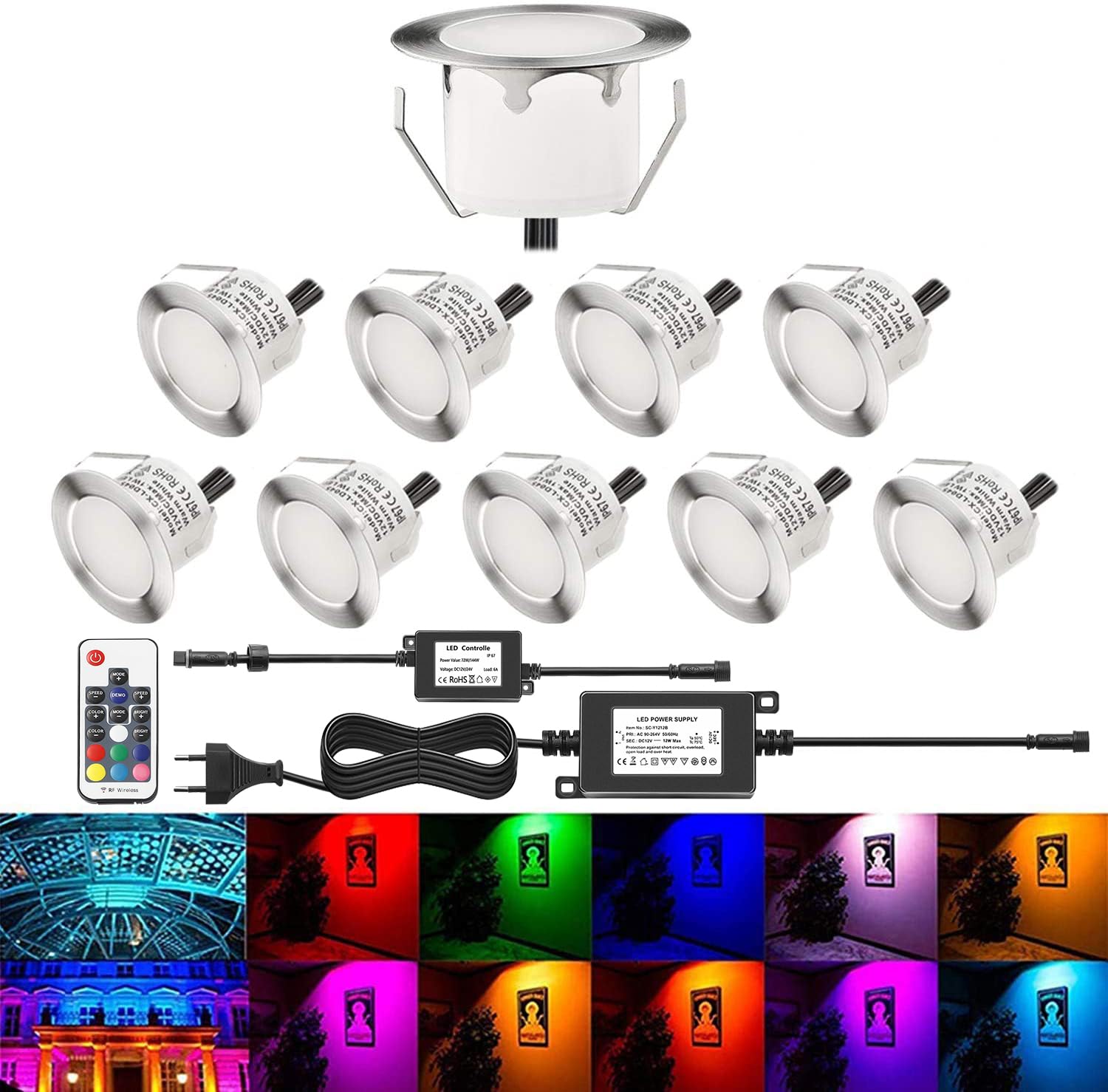 10 KiT Reflektory LED wpuszczane zewnętrzne IP67 do montażu na tarasie, drewno sufitowe 0,2 W ~ 0,5 W DC12V wodoodporne białe światło zestaw mini reflektor LED lampa zewnętrzna RGB