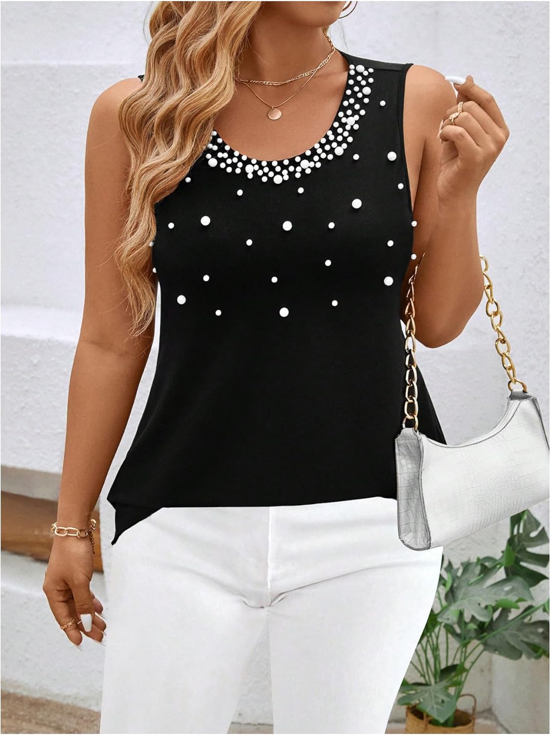 SHENHE Women's Plus Size Pearl Beaded Tank Top Crew Neck Sleeveless Dressy Going Out Elegant Shirt - Image 6