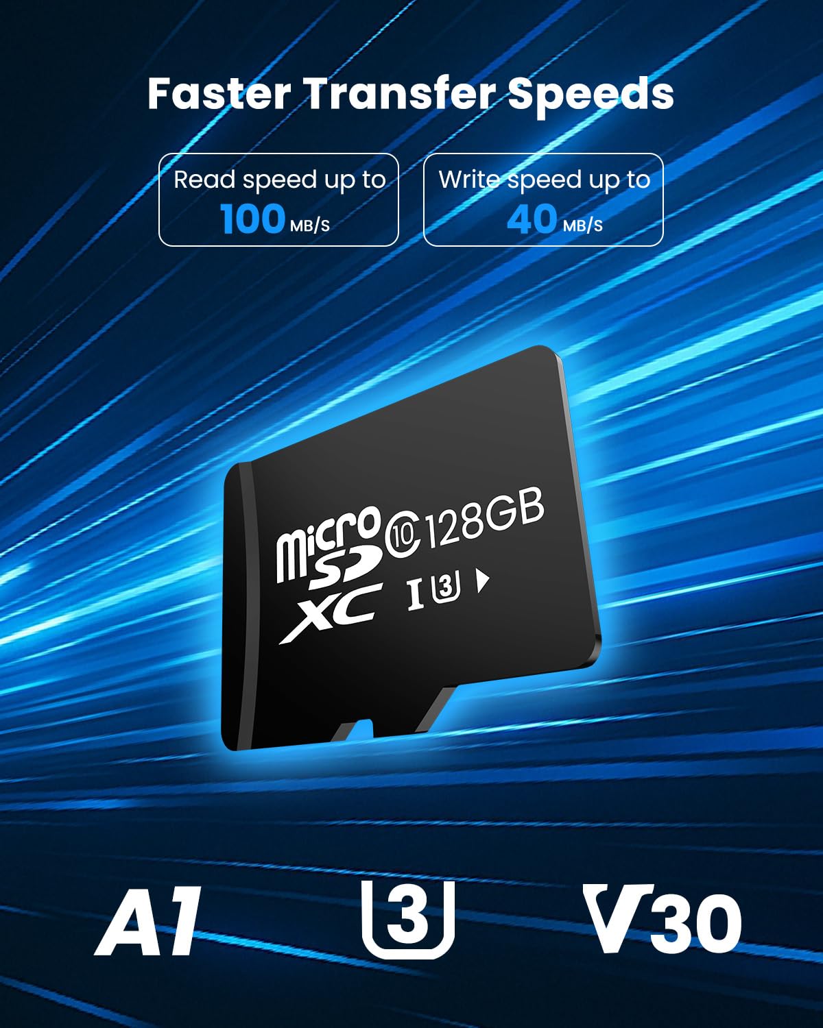 Carte Micro SD 128 Go pour caméras de sécurité, vitesse de lecture jusqu'à 100 Mo/s, C10, U3, V30, A1, carte mémoire pour caméra de sécurité, Dashcam, noir