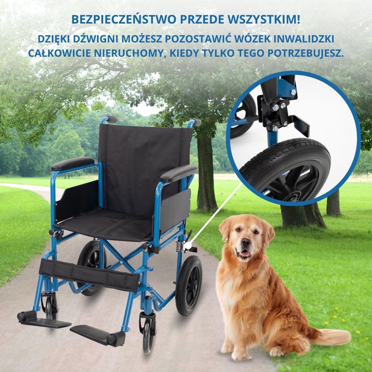 Mobiclinic®, Składany wózek inwalidzki, Marsella, Kółka z możliwością szybkiego zwolnienia po naciśęciu przycisku, Stabilny, Siedzisko 46 cm, Dźwignia hamulca, Niebieski