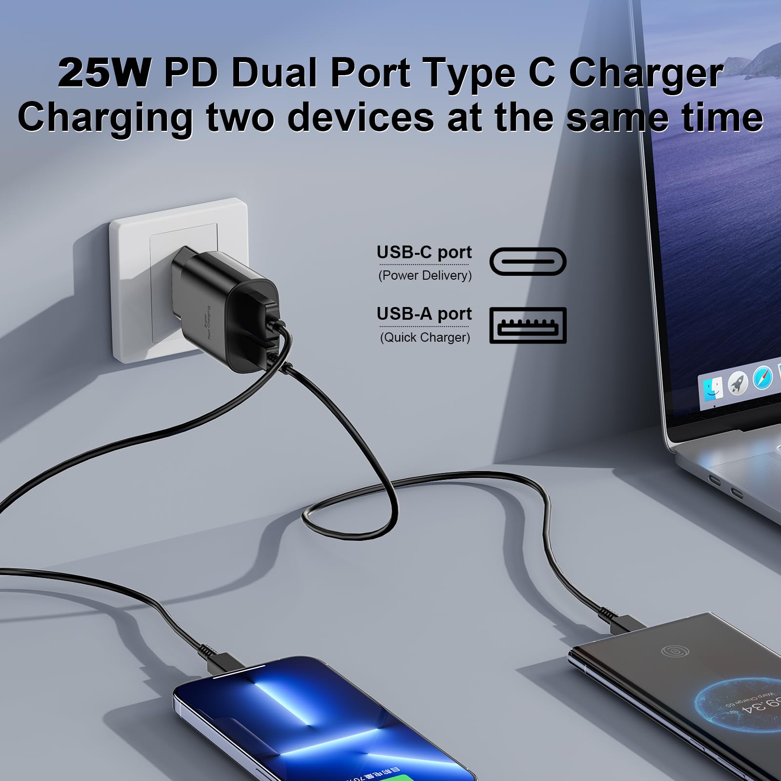 Caricabatterie USB C 25W,Caricatore USB C Rapido a doppia porta per Galaxy S22/S22 Ultra/S21 Ultra 5G/S21 FE/S20/S10/S9/A13,Caricabatterie Veloce con Tipo C Cavo