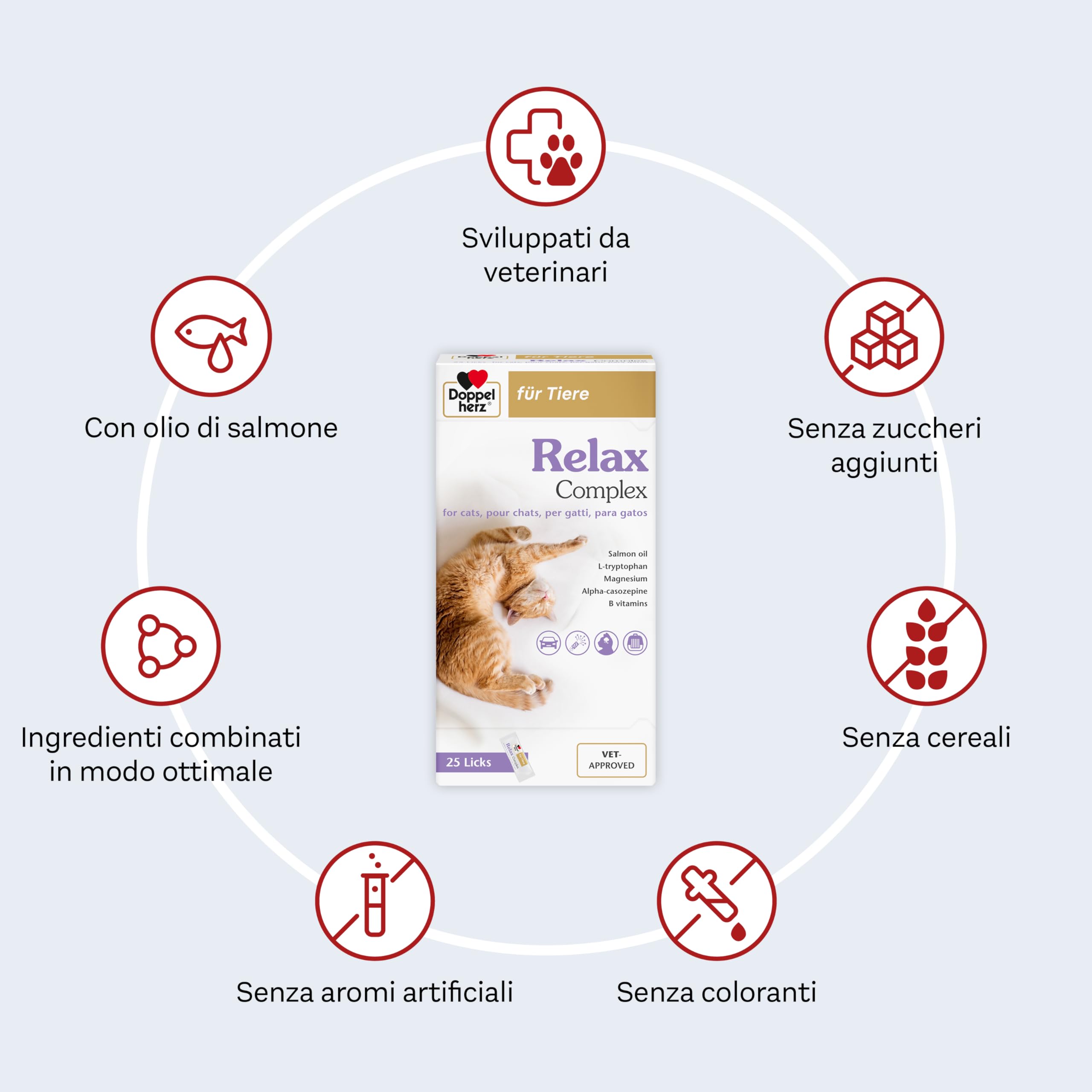 Doppelherz Relax Complex per Gatti – con Alpha-casozepina e L-triptofano – Supporto per il benessere mentale – 25 Licks cremoso
