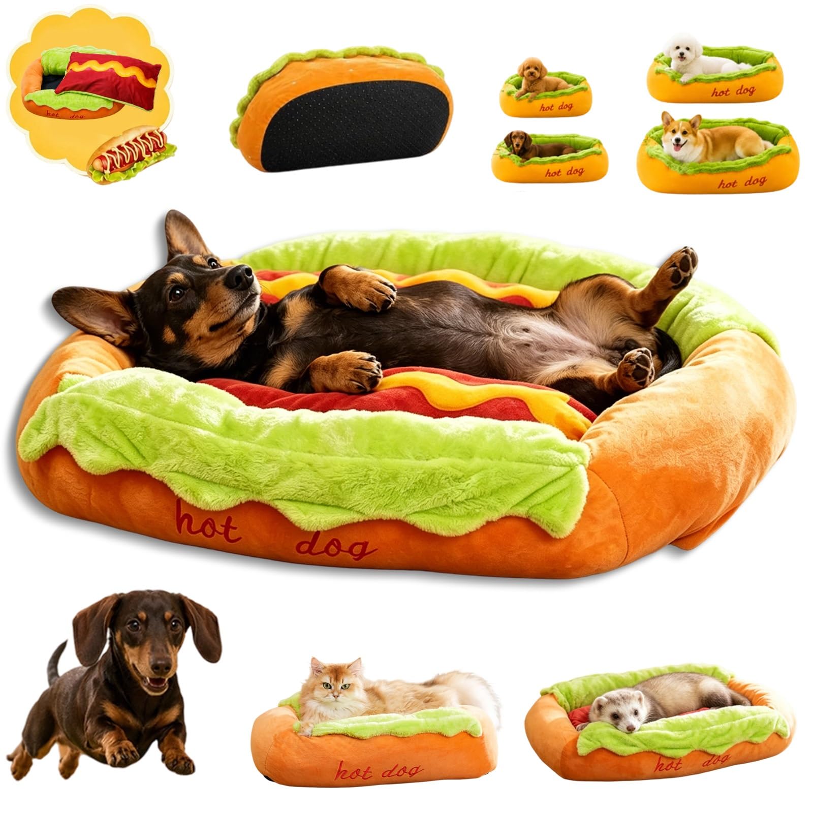 Ruhemeister Pro 2026 New Hot Dog Dog Bed, Cute Funny Hotdog Bed, Hot Dogs Beds with Removable Washable & Non-slip Bottom, Hotdog Beds for Dogs & Cats, Anti Anxiety(S)
