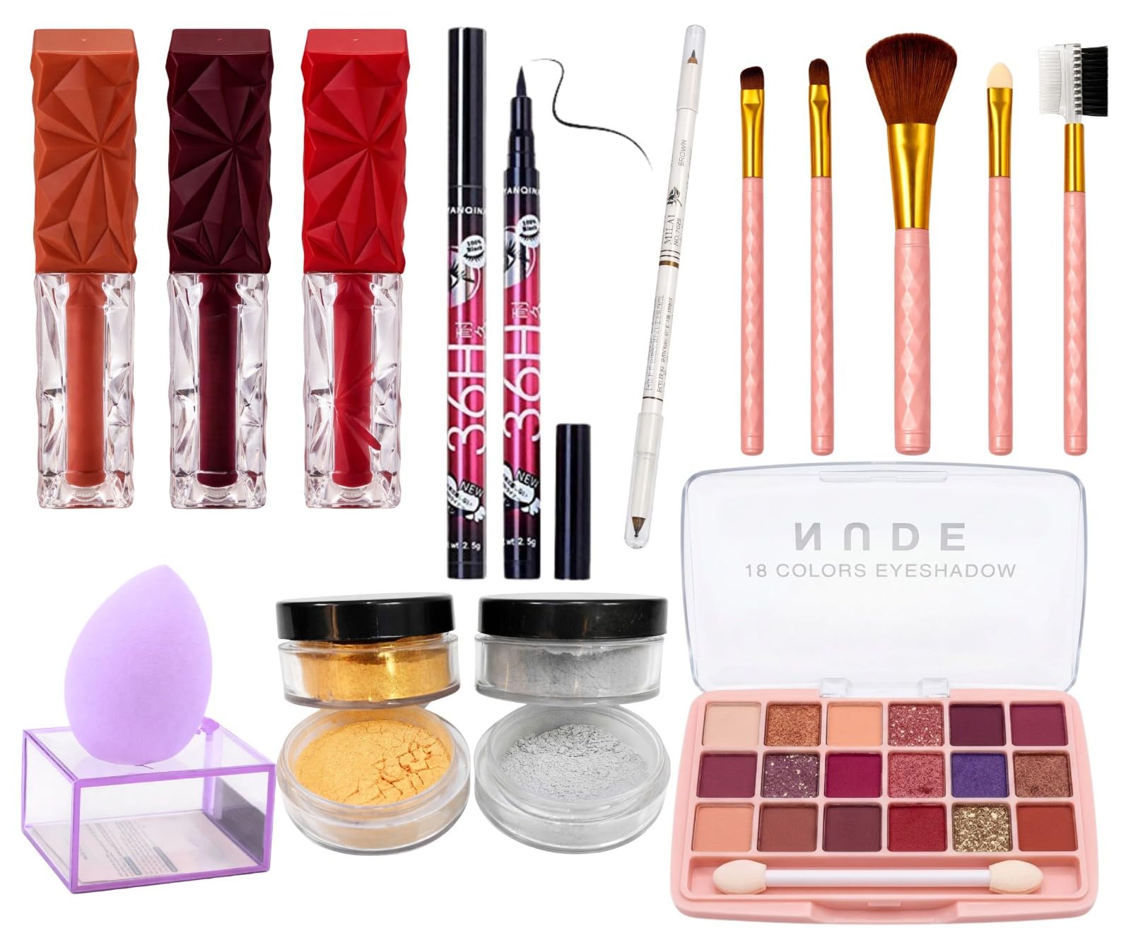 Makeup Artistry Kit – 18-Color Nude Eyeshadow Palette, 3 Luxury Geometric Matte Liquid Lipsticks, 36H Waterproof Eyeliner, Gold & Silver Metallic Loose Pigments, 5-Piece Designer Brush Set & Beauty Blender with Case-image-29