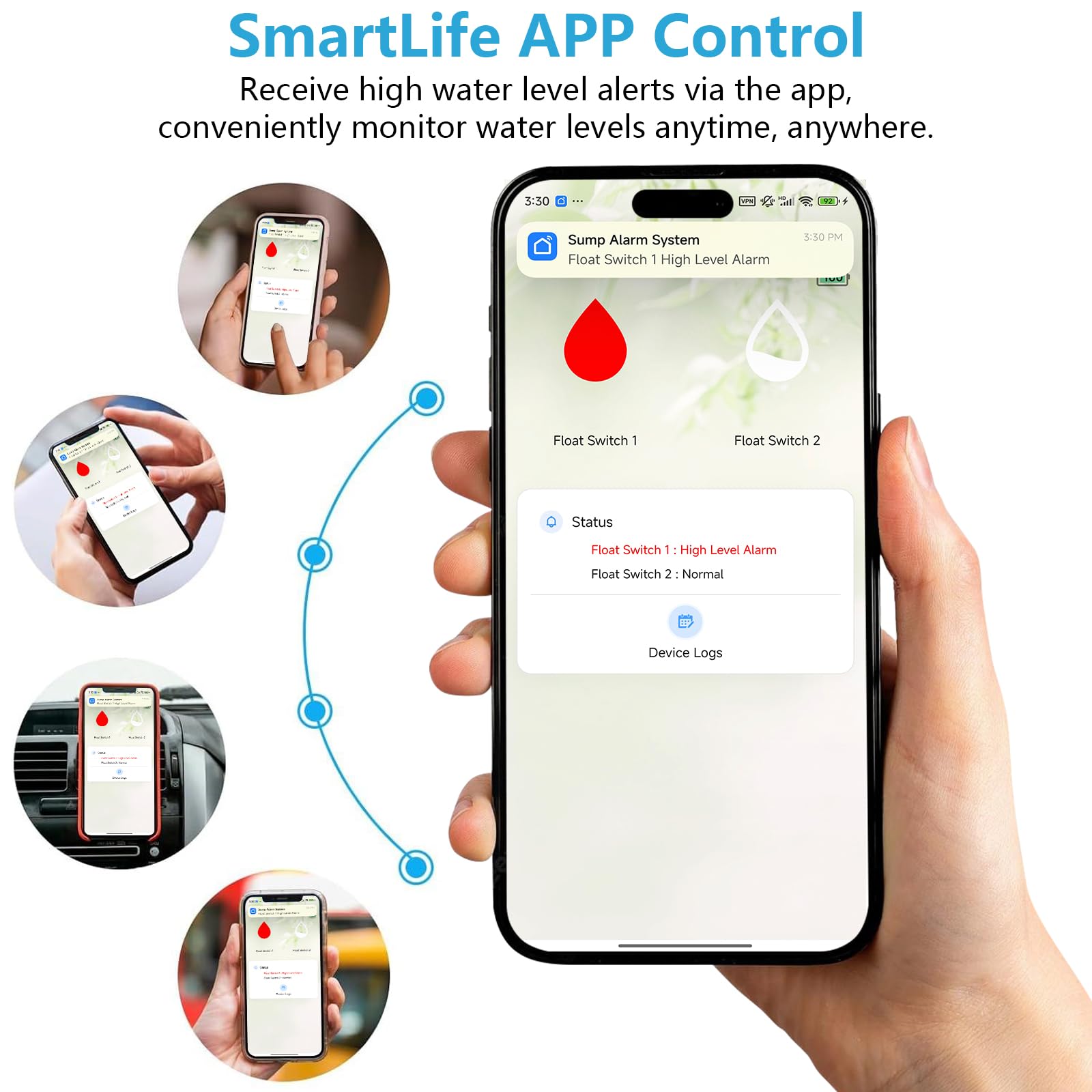 Alarma inteligente de bomba de sumidero alto WiFi, interruptor de flotador, alerta de nivel de agua, notificaciones de aplicación gratuitas, IP44 impermeable, sirena de 90 dB y LED intermitente, para