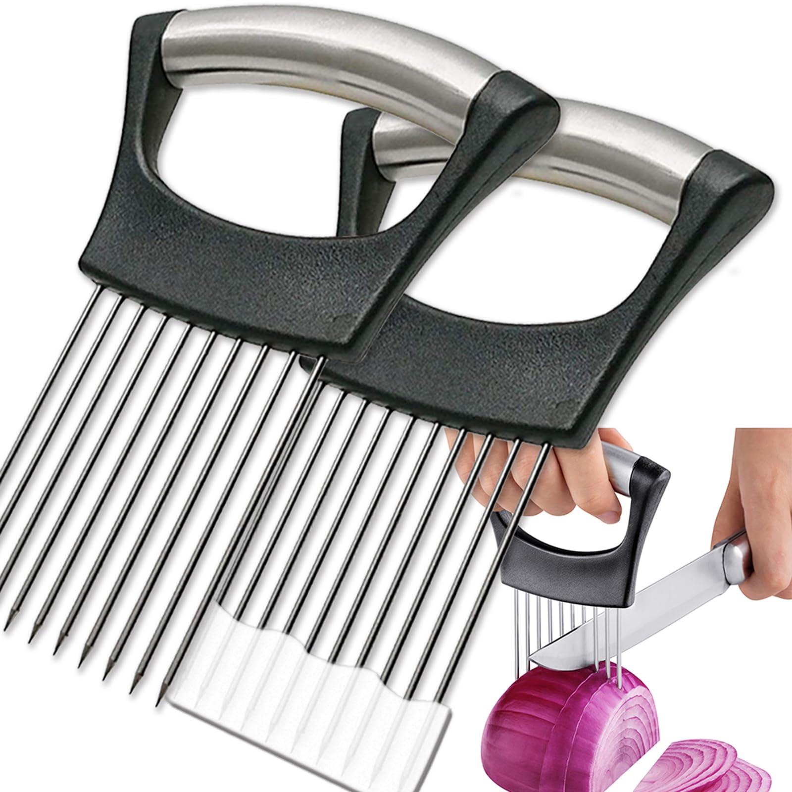 ESINAM Onion Slicer Holder, Premium Vegetable Slicer Cutter for Potato and Tomato, Sharp Stainless Steel Food Slicer Assistant Tool for Slicing Fruit Lemon and Meat