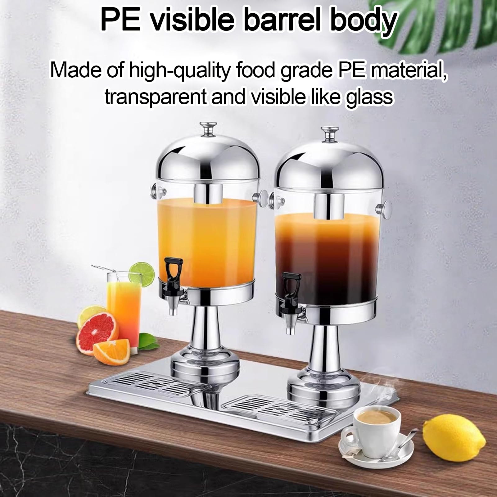 Dispensador comercial de bebidas de acero inoxidable de 8 litros con dispensador de jugo de grifo para bebidas frías y bebidas calientes, para cafeterías, cantinas, servicios de bufé y más (8 L + 8 L)
