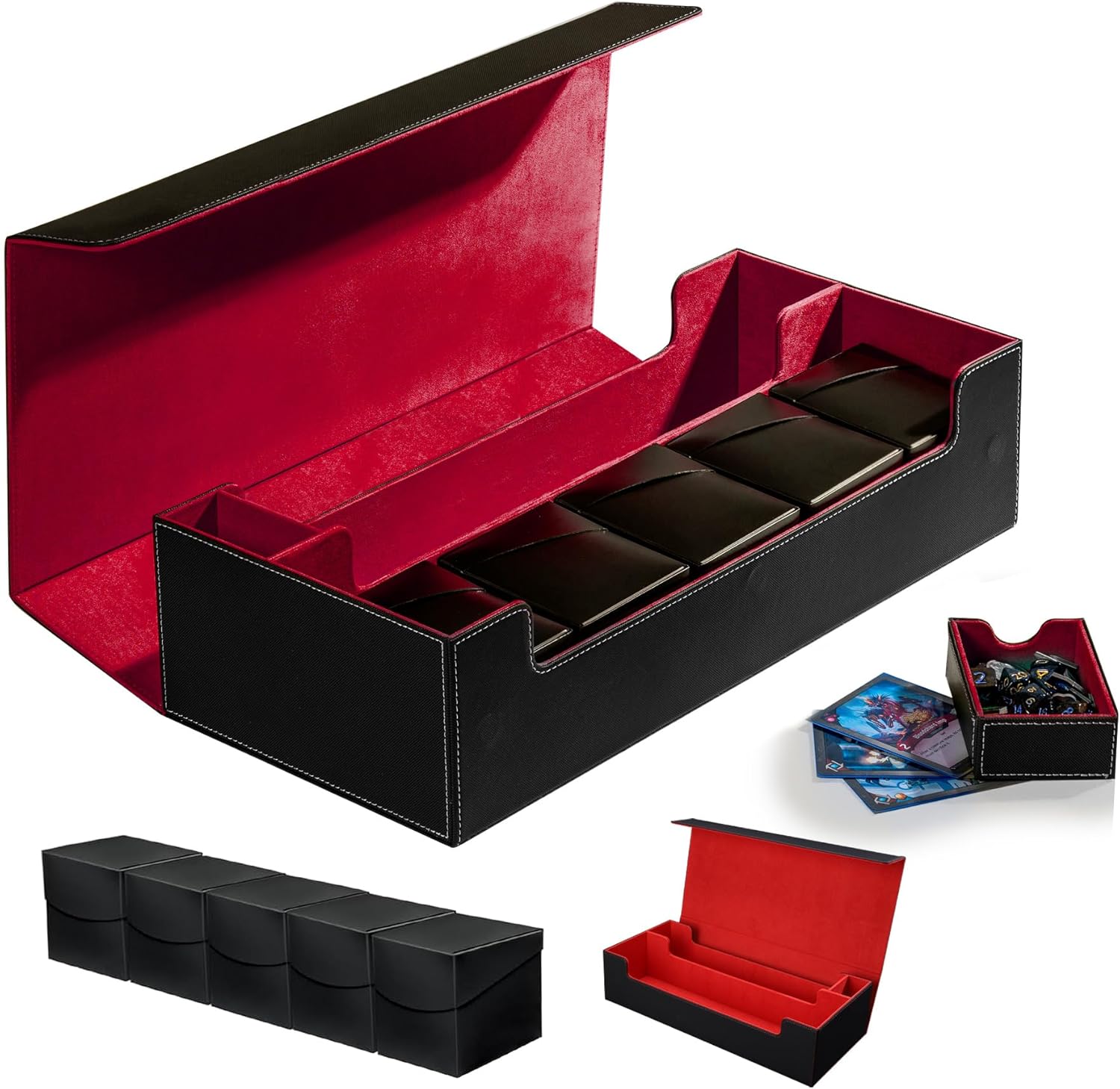 XXL TCG Card Storage Box with 5 100+ Deck Boxes – Holds 1800+ Double-Sleeved Cards – PU Leather MTG/YuGiOh/Tcg Collector Case – Strong Magnetic Clasps (6-in-1 - Black/Red)