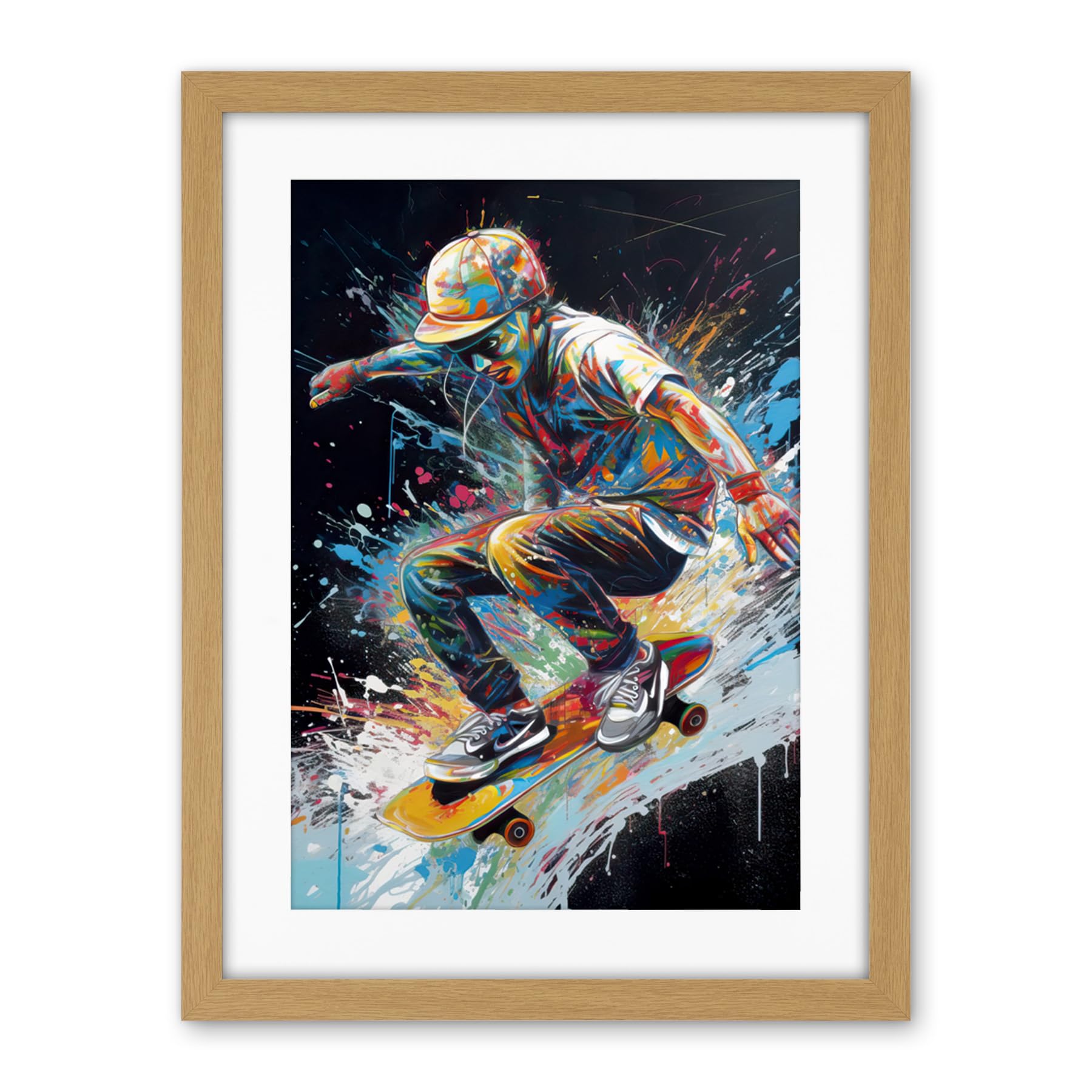 Artery8 Skateboarder Skating Multicoloured Splat Paint Artwork Framed Wall Art Print 18X24 Inch