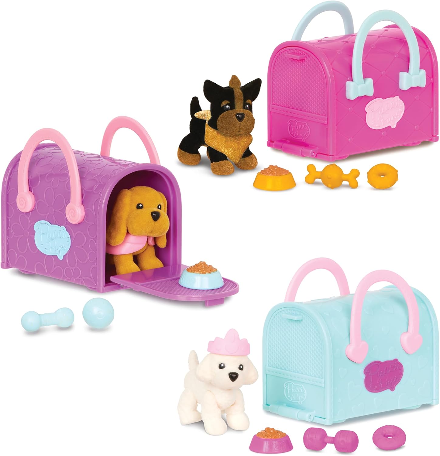 Pucci Pups – Collectible Puppy Set – Bichon Frisee, Yorkshire Terrier, Cocker Spaniel – Carrier Purse – Dog Accessories Included 3+ Years