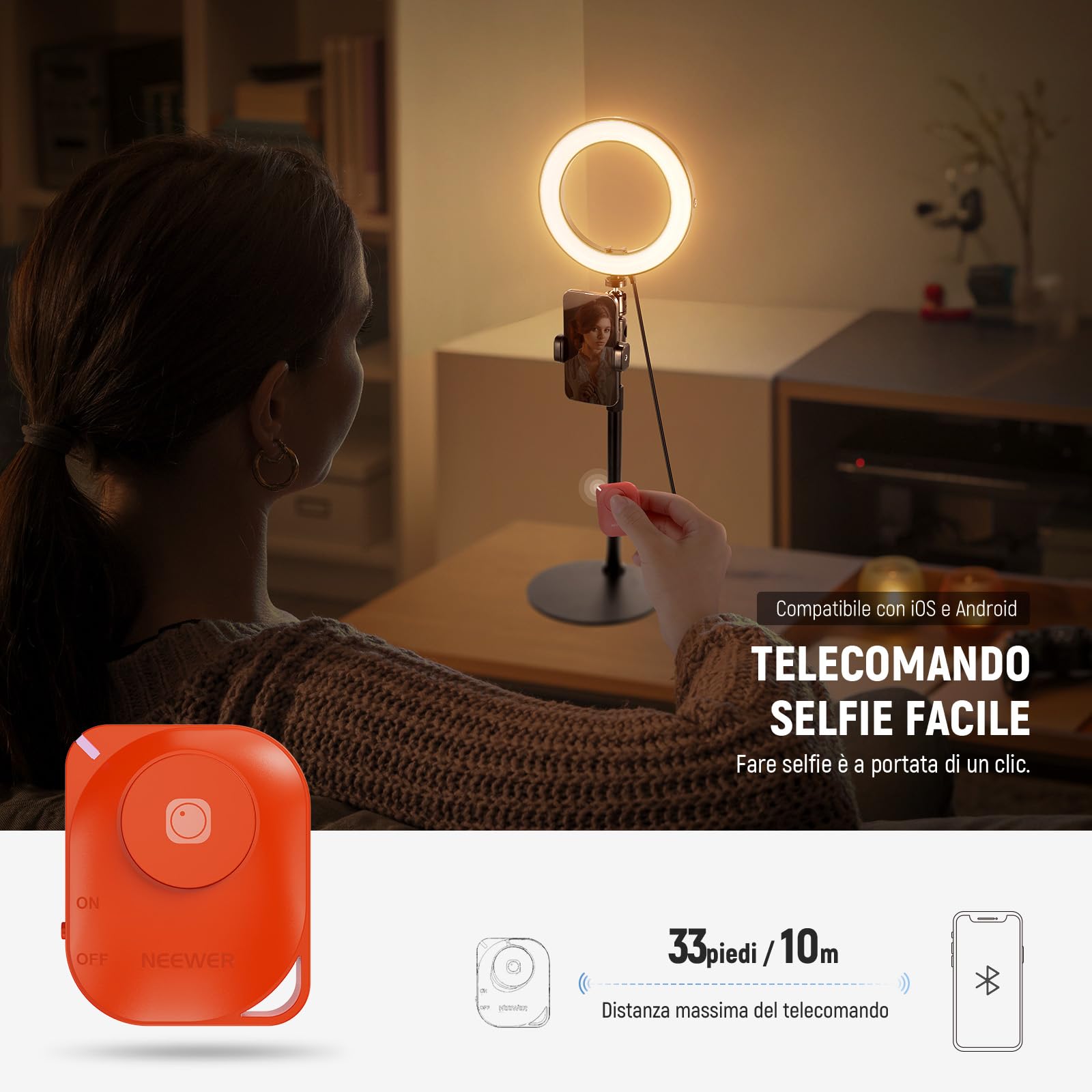 NEEWER 8" 18W Ring Light da Tavolo per Telefono, Ring Light per Selfie a Cerchio per iPhone Streaming Vlogging Recording, Kit Illuminazione per Videoconferenza per Computer Portatile Zoom Call, RH8B