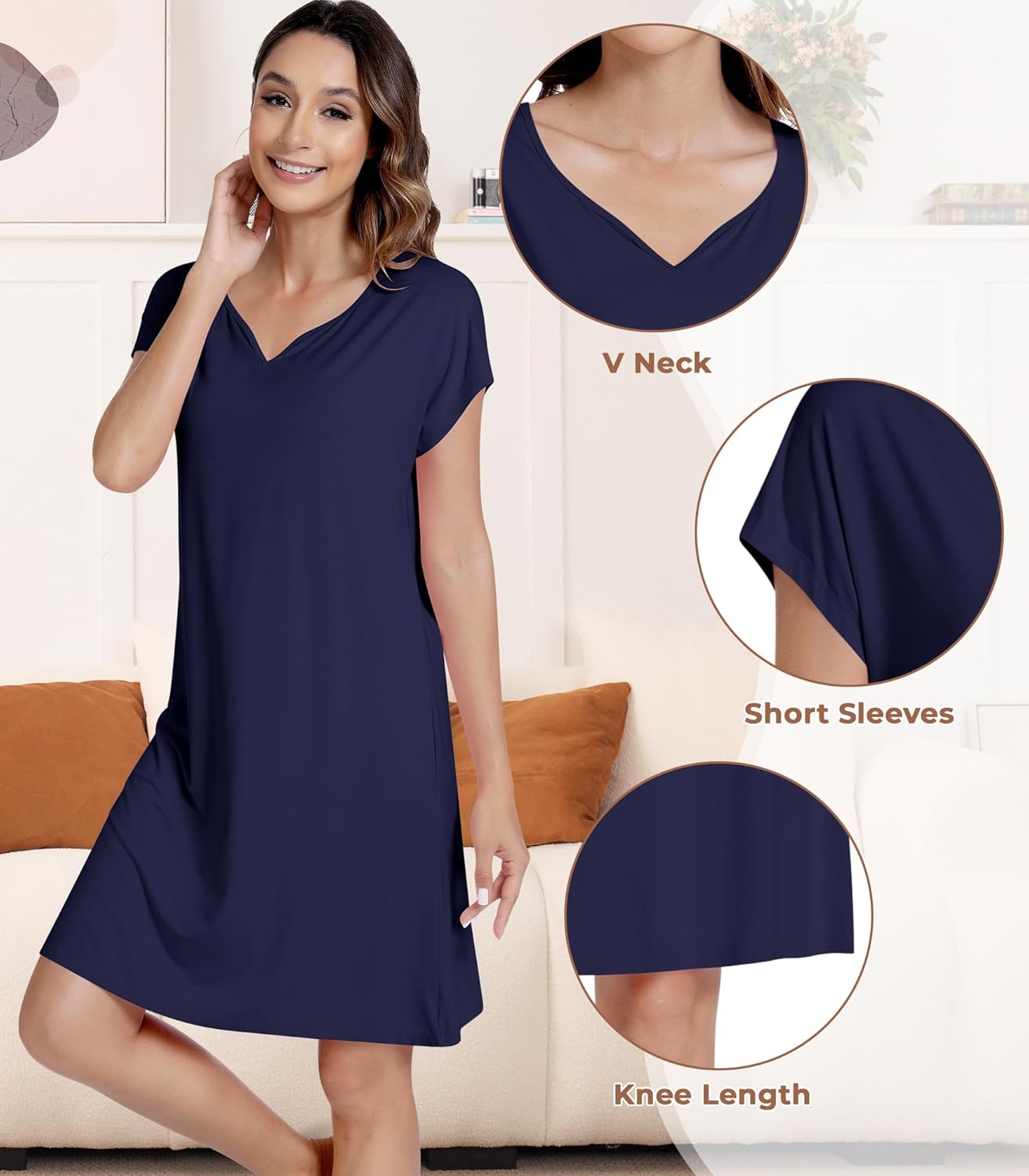 NACHILA Women's Nightgowns-Viscose Made from Bamboo,Short Sleeve Nightshirt Henley Sleepdress Soft Sleepshirt Cool Sleepwear - Image 4