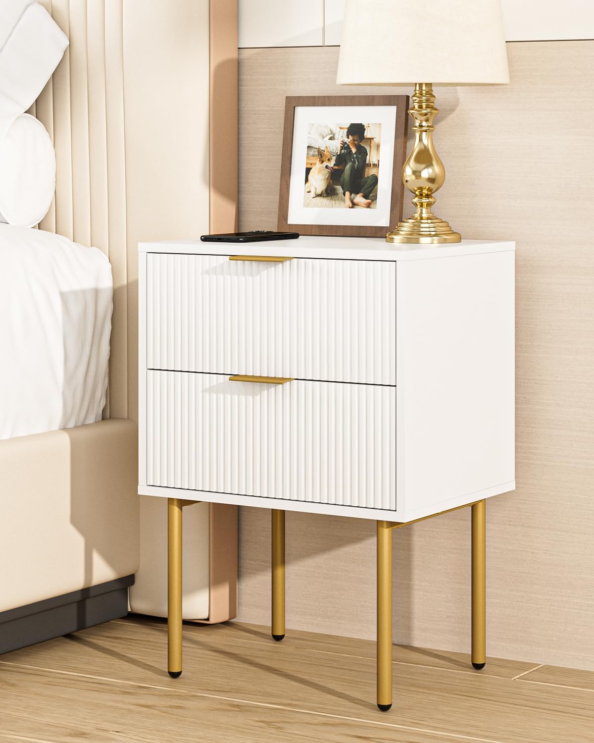 Nightstand, Modern Bedside Table with 1Drawer and Open Shelf,White Night Stand with Gold Metal Frame, Small Side Table for Bedroom, Living Room, Slim Spaces
