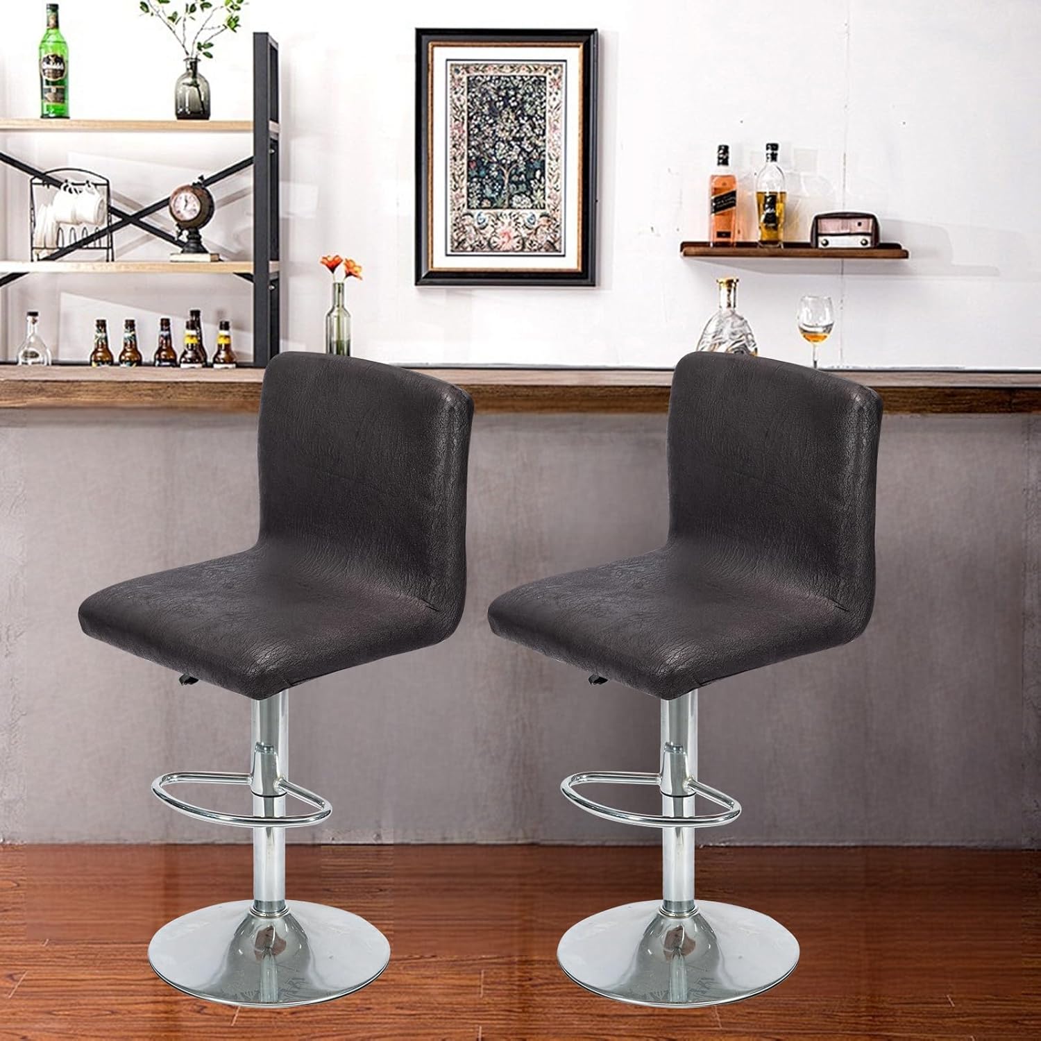 FUANGUI Bar Stool Covers Set of 4, Faux Leather Looking Stretch Bar Stool Chair Cover Slipcovers, Counter Stool Bar Chair Covers for Kitchen Pub Dining Room Retro Style Home Deco- Black