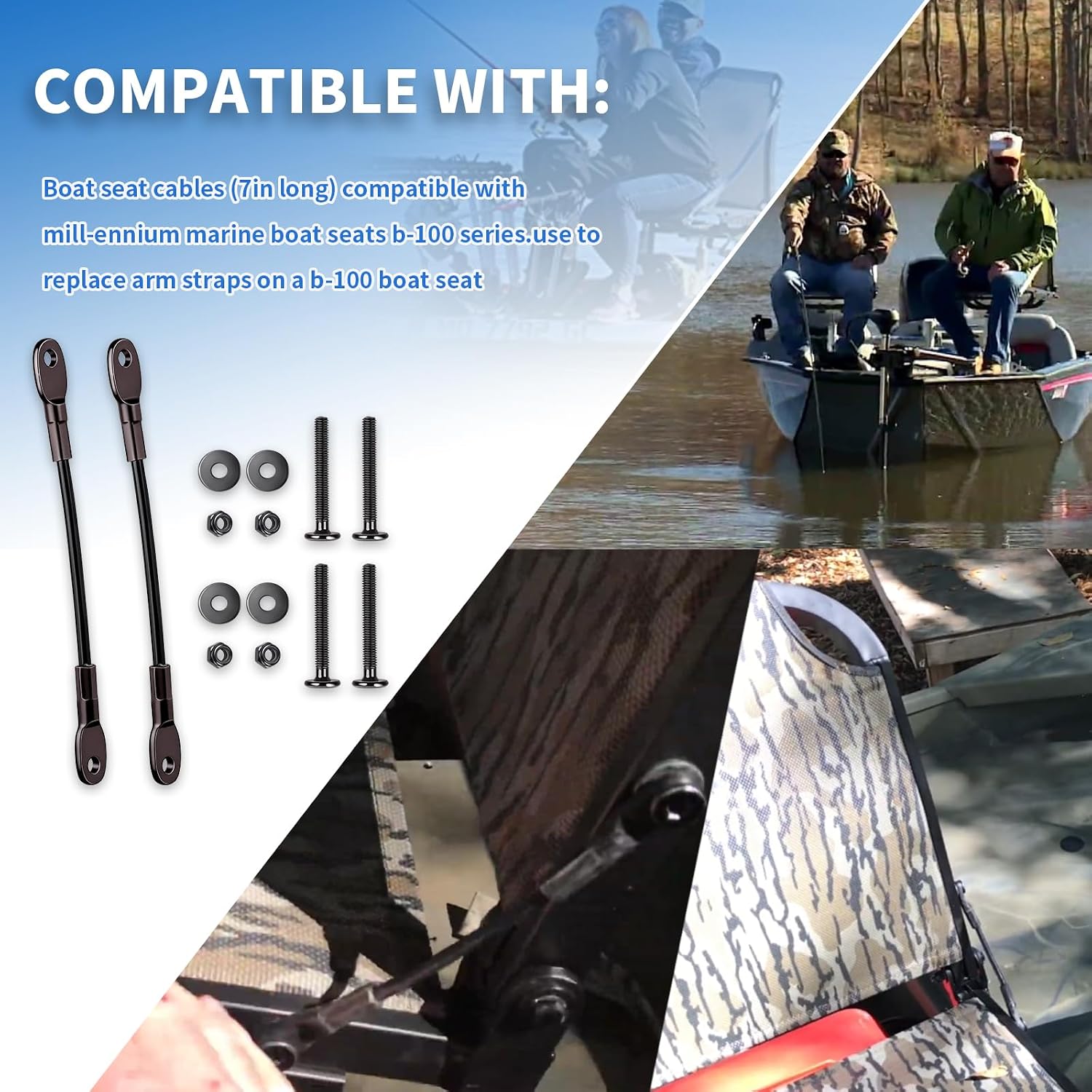 2Set of Boat Seat Cables,7in Long (2*Cable,4*Bolt,4*Nut,4*Washer) | Fit for M-illennium B-100 Marine Boat Seat,Used To Replace The Handrail On The b-100 Boat Seat,Reinforced Seats