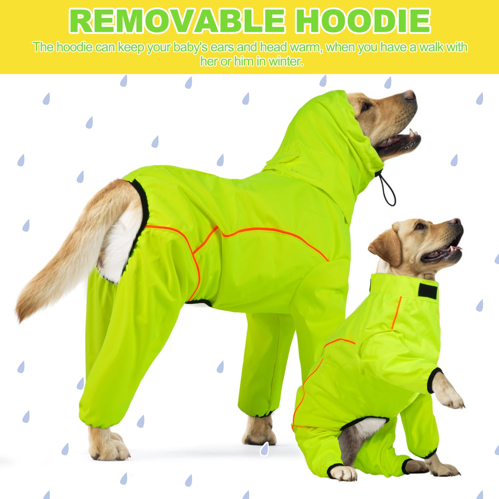 Impermeabile per cani, giacca impermeabile per cani con cappuccio rimovibile, poncho regolabile a 4 gambe con foro per guinzaglio, strisce riflettenti con cappuccio anti-neve, vestiti