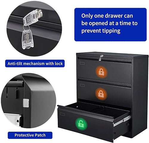 Miniatura 4 de Archivador de 3 cajones, archivador lateral negro con cerradura, archivador de metal con cerradura para oficina en casa, archivadores de oficina