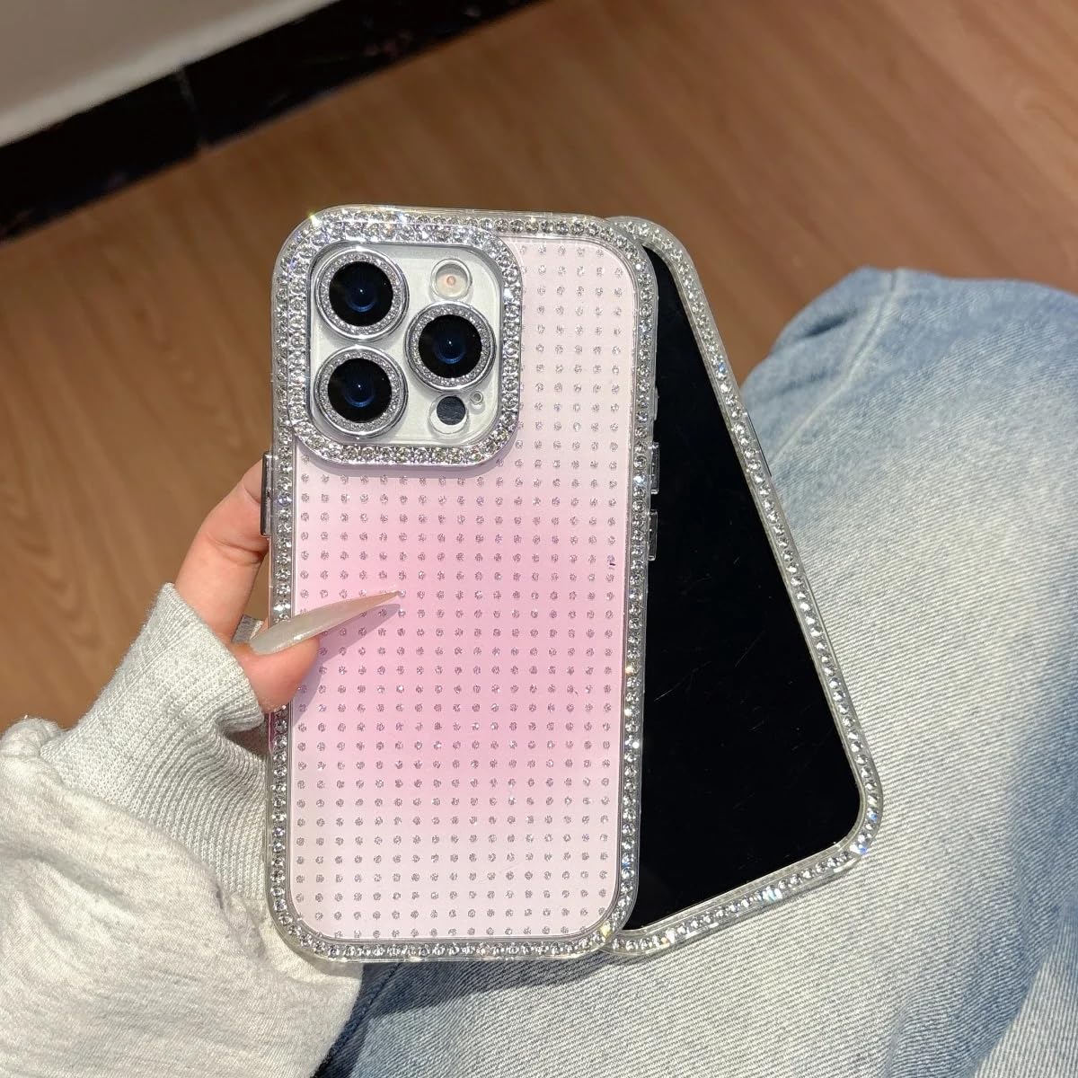 Coque diamant brillant pour objectif iPhone 16 Pro Max rose haut de gamme - 8