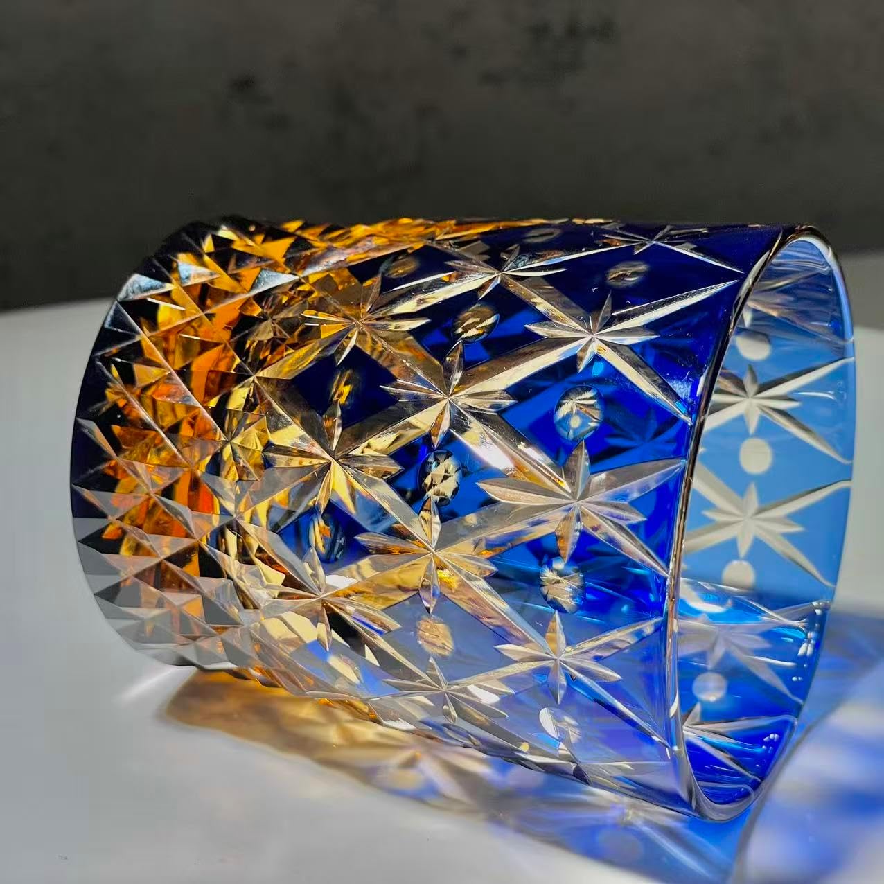 suigetsu Crystal Cut Whiskey Glass, Traditional Japanese Edo Kiriko Style, The colors of the American flag Hand-Cut Glass, Diamond Pattern, for Liquor and Cocktails (Blue)