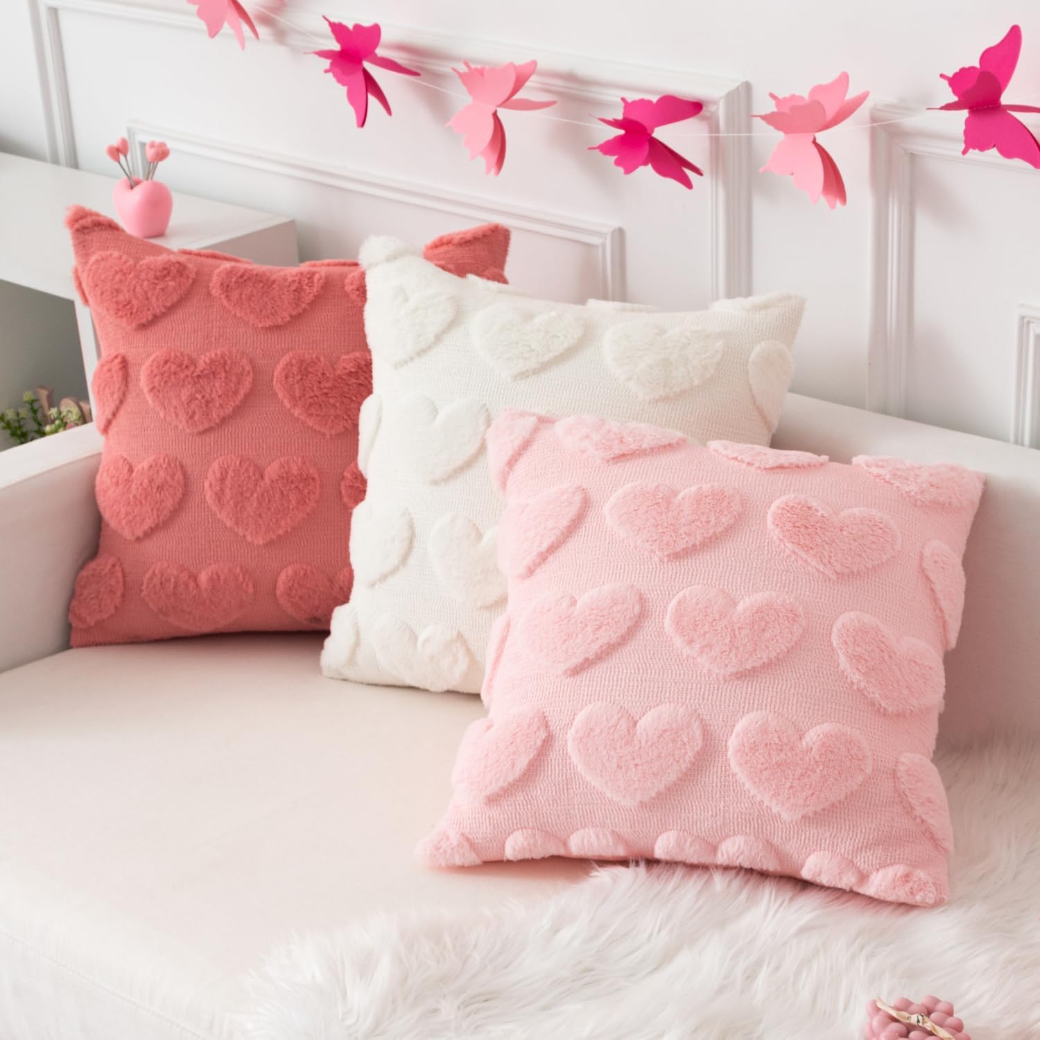 Kevin Textile Heart Love Cute Decorative Throw Pillow Covers 18x18 Inch Set of 2 Soft Faux Fur Pillow Covers for Valentine's Day Gifts Fluffy Plush Pillow Case for Couch Cushion Livingroom Cream White image 4