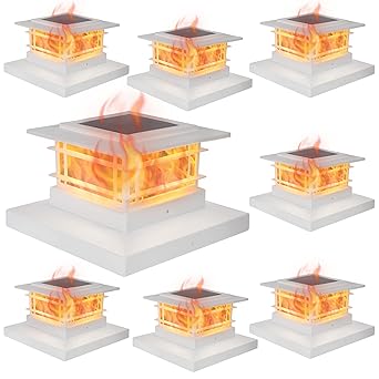 Dynaming 8 Pack Solar Flame Post Lights Outdoor, Solar Powered Fence Post White Shell Cap Lights, High Brightness Flickering Flame LED Lighting for Garden Deck Patio, Fit 4x4, 5x5 or 6x6 Wooden Posts