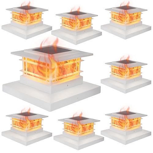Dynaming 8 Pack Solar Post Cap Lights Outdoor with Flickering Flame Light, White Shell Fence Post Solar Lights Fit 4x4 5x5 Vinyl/Wooden Posts, Brightness LED Lighting Decor for Garden Deck Patio - White - 8 Pack Flickering Flame Lights